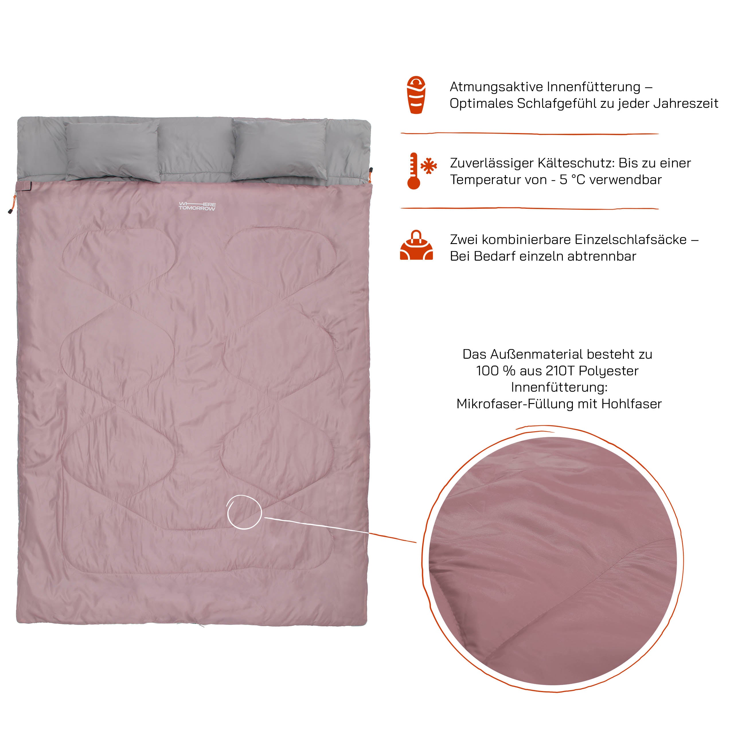 Doppelschlafsack mit Tragetasche - 2-Personen Schlafsack 190x150 cm, wasserabweisend, atmungsaktiv, bis -5 °C, Rosé, ideal fürs Camping.