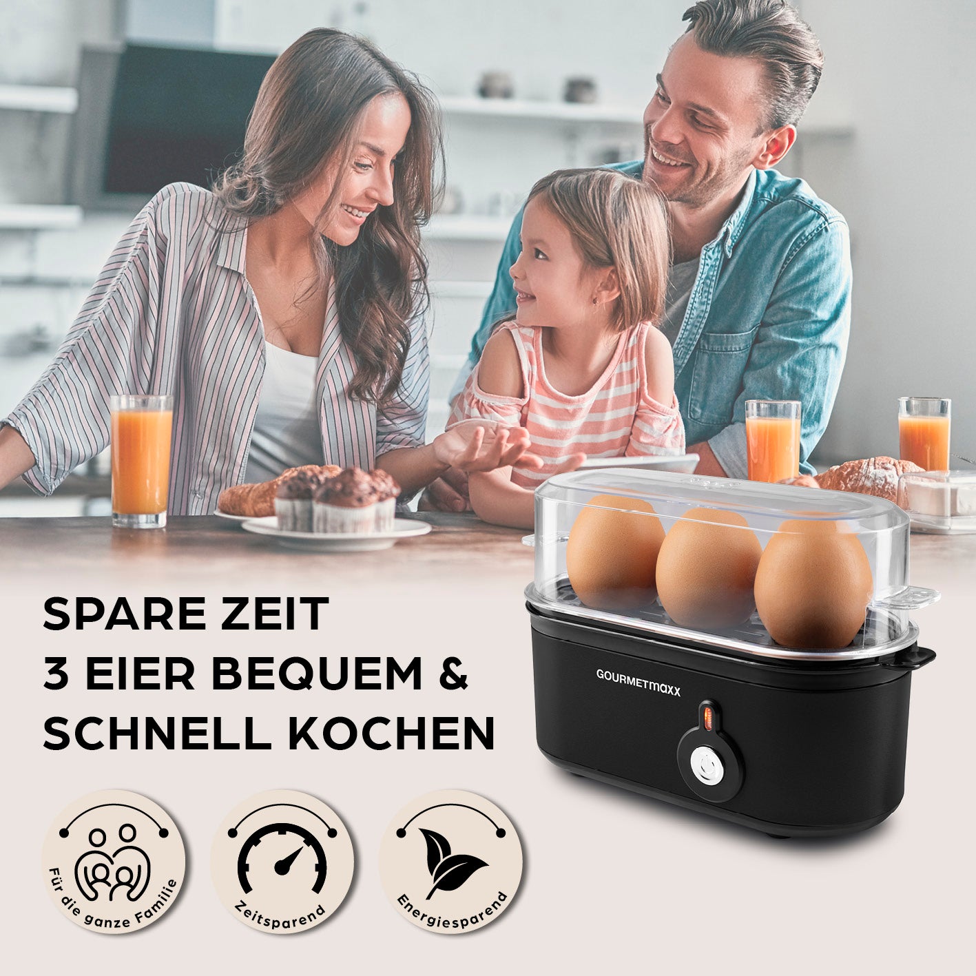 Design-Eierkocher 3 Eier - Schwarz für schnelles, platzsparendes Eierkochen mit perfektem Ergebnis und einfachem Handling.