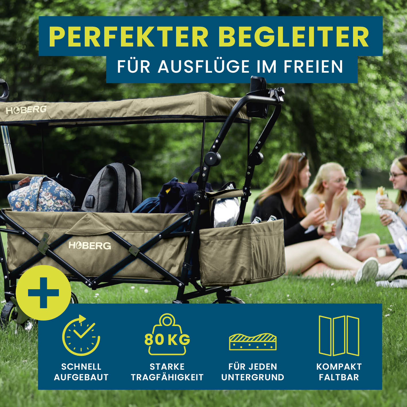 Faltbarer Bollerwagen - Beige von HOBERG mit robustem Nylonbezug, wasserfestem Dach und bis zu 80 kg Tragfähigkeit, ideal für Ausflüge.