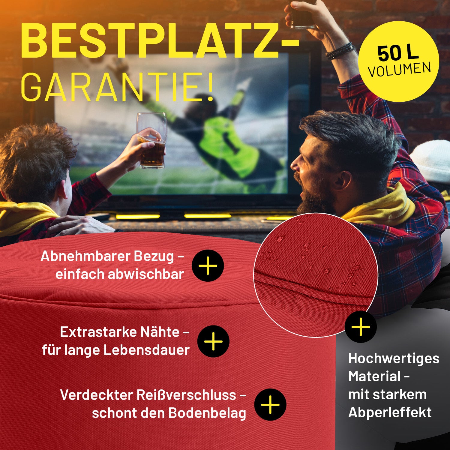 EM 2024 3er Deutschland-Set – robuster, abwischbarer Pouf-Sitzsack in Schwarz, Rot & Gelb für Indoor & Outdoor Fans.