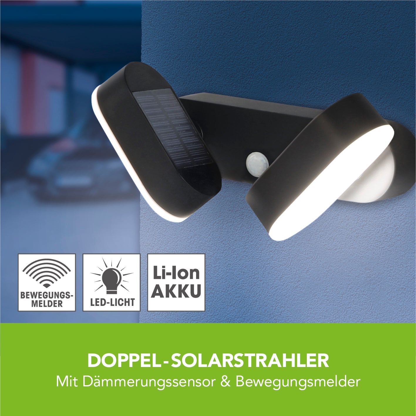 Doppel-Solarstrahler mit Bewegungsmelder - 2er-Set, verstellbare Spots und energiesparende LED-Wandleuchte, spritzwassergeschützt IP44.