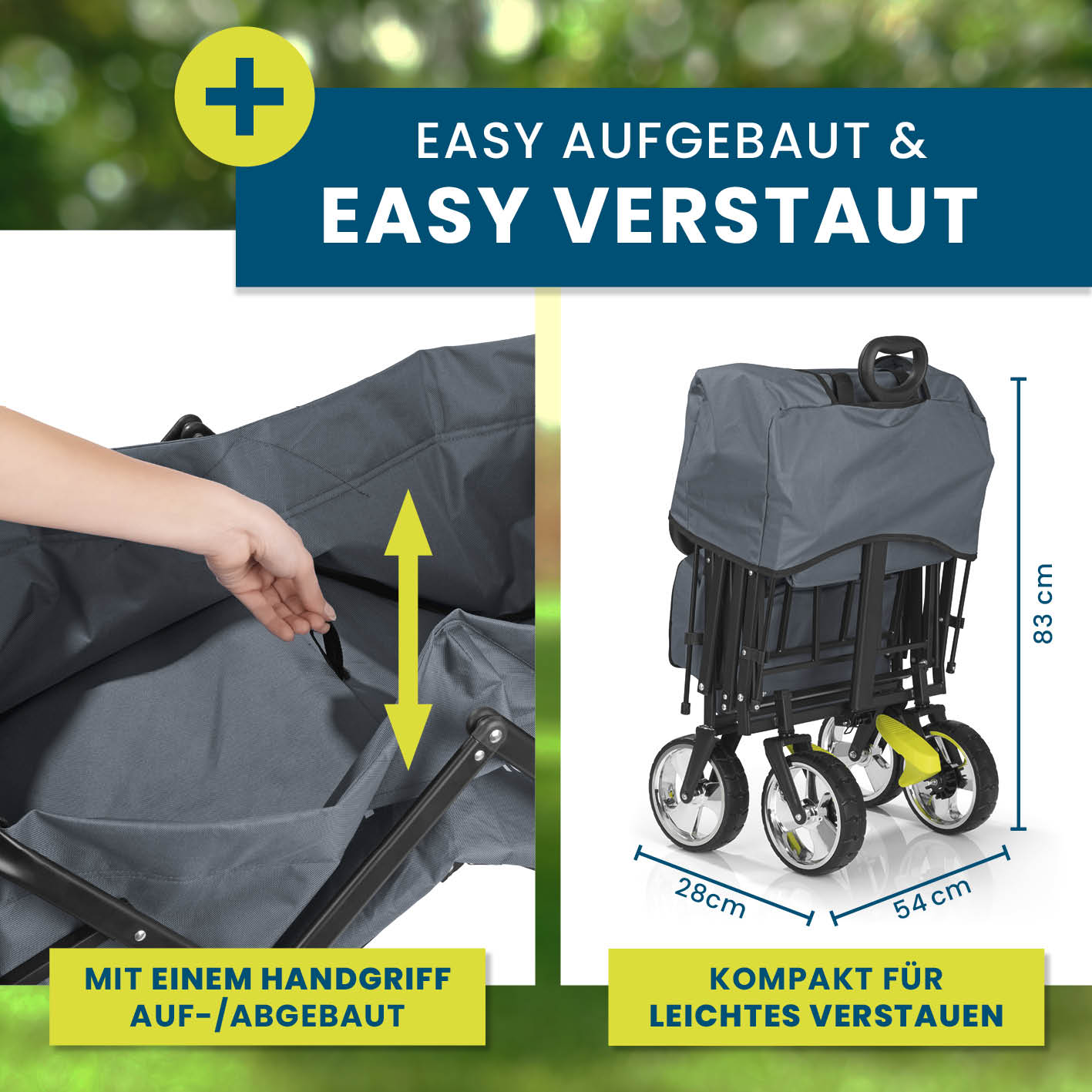 Faltbarer Bollerwagen - Grau, einfach aufgebaut und kompakt zusammengefaltet, ideal für Ausflüge und praktischen Transport.