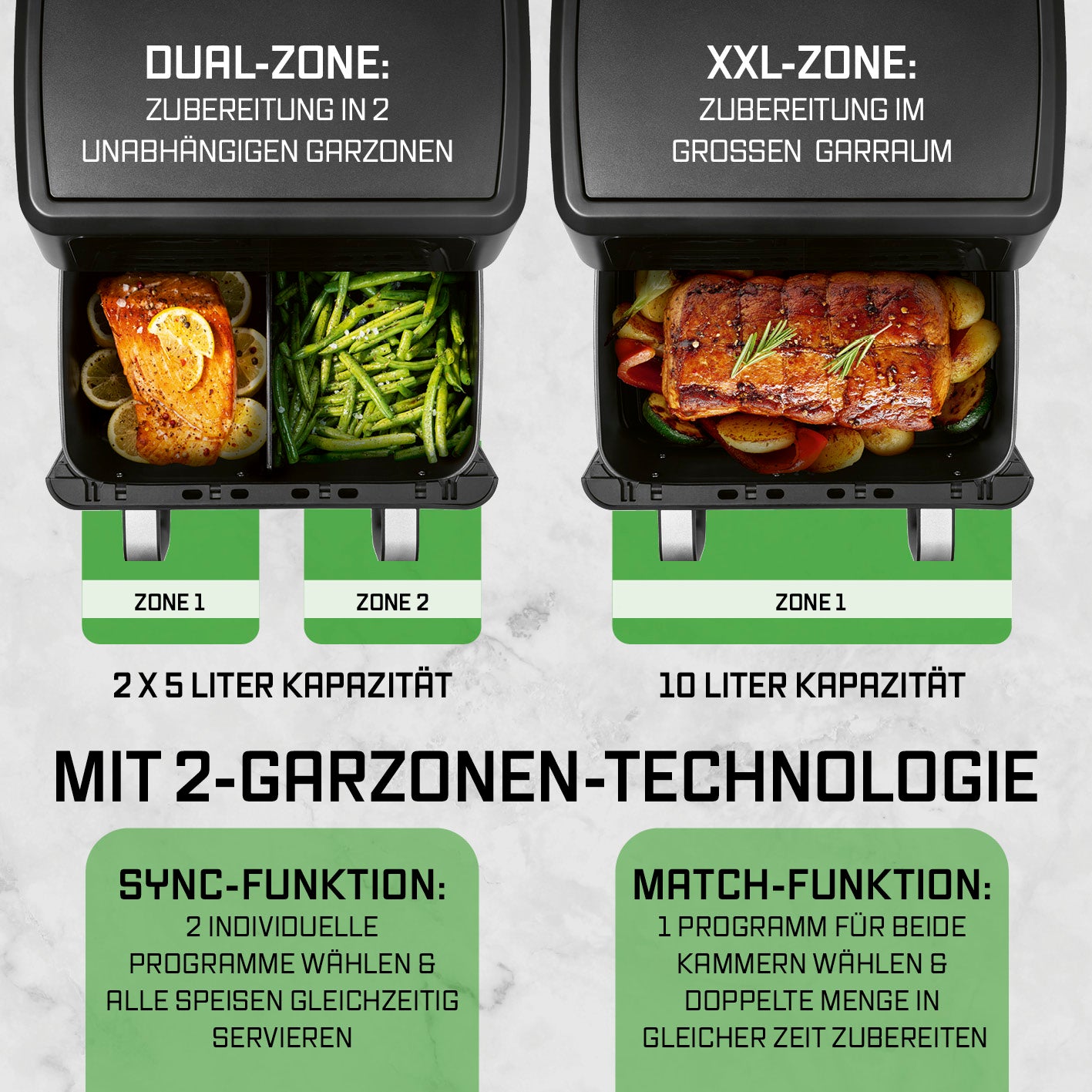 Vario-Kammer-Heißluftfritteuse - 10 Liter mit 2 Garzonen für flexibles, fettarmes Garen großer Portionen oder unterschiedlicher Speisen.