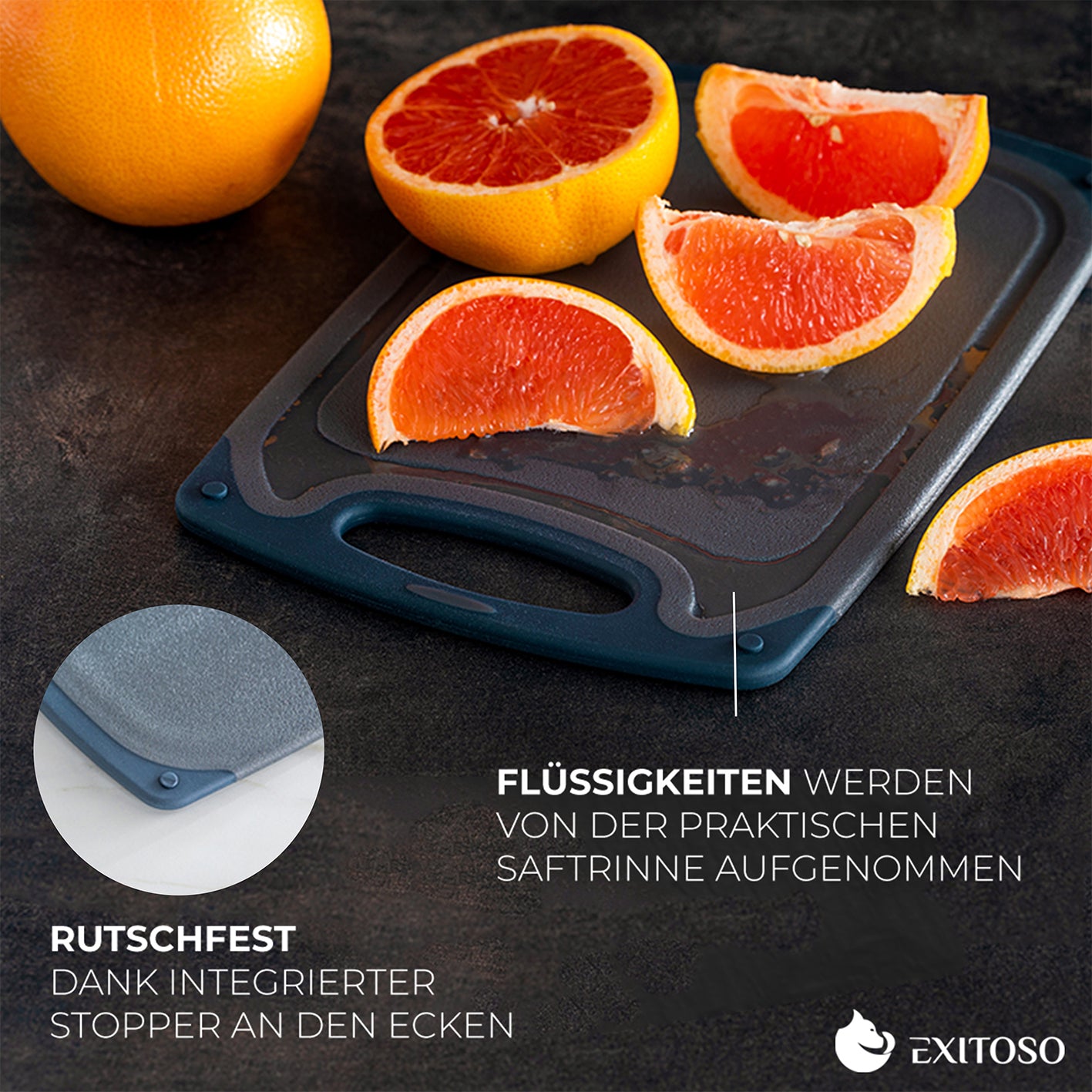 Schneidebrett - 3er-Set - Grau mit Saftrinne und Antirutschstoppern, ideal für Flüssigkeiten und sichere Handhabung beim Schneiden.