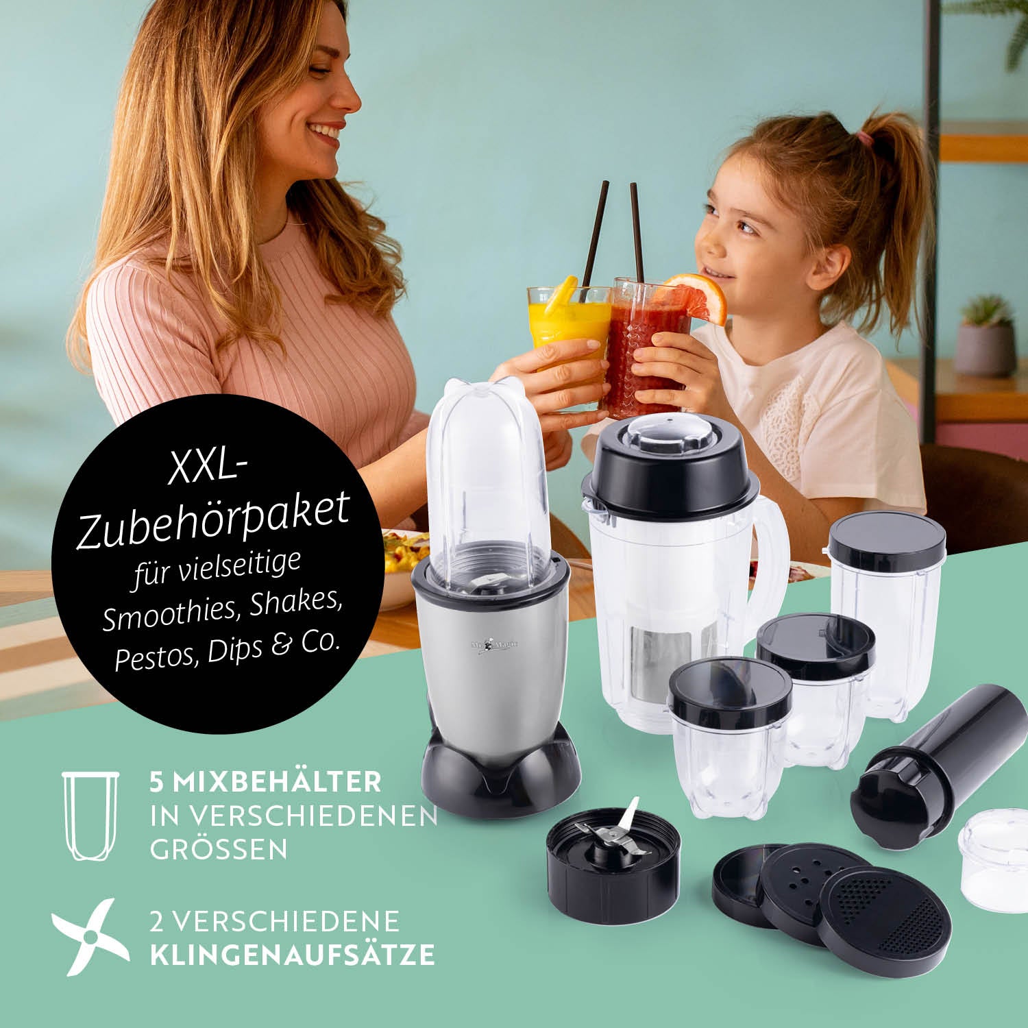 Mr. Magic Mixer - Silber/Schwarz mit XXL-Zubehörset für Smoothies, Shakes, Pestos und Dips, 5 Behälter und 2 Klingenaufsätze.
