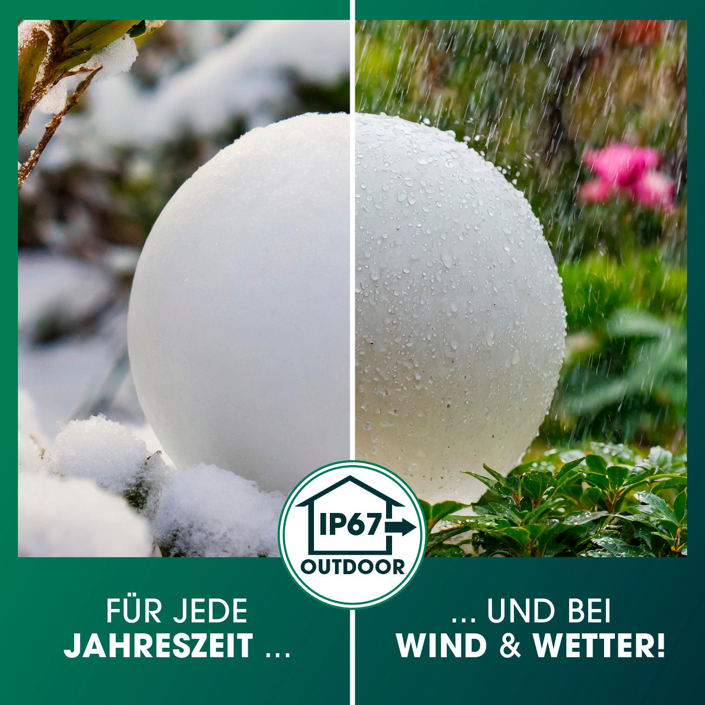 Solar-Dekokugel mit Farbwechsel - 2er-Set, wetterfest IP67, ideal für alle Jahreszeiten und Outdoor-Einsatz bei Wind und Wetter.