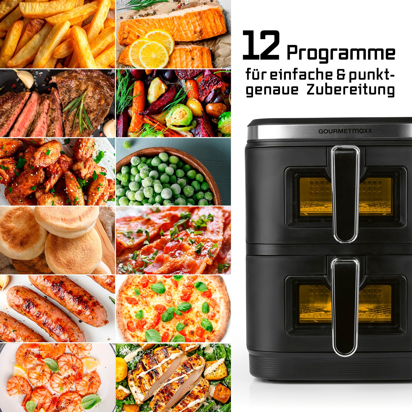 FryUp Vertikale Doppelkammer-Heißluftfritteuse mit Sichtfenster zeigt 12 Programme für vielfältige Zubereitungsmöglichkeiten.