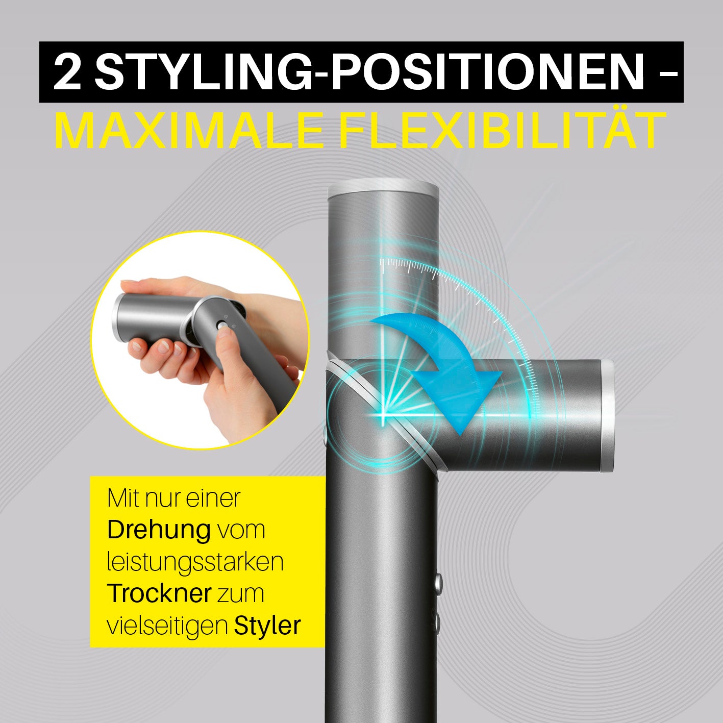 Hairstyler Flex mit 2 flexiblen Styling-Positionen und praktischem Drehmechanismus für vielseitiges Stylen und Trocknen.