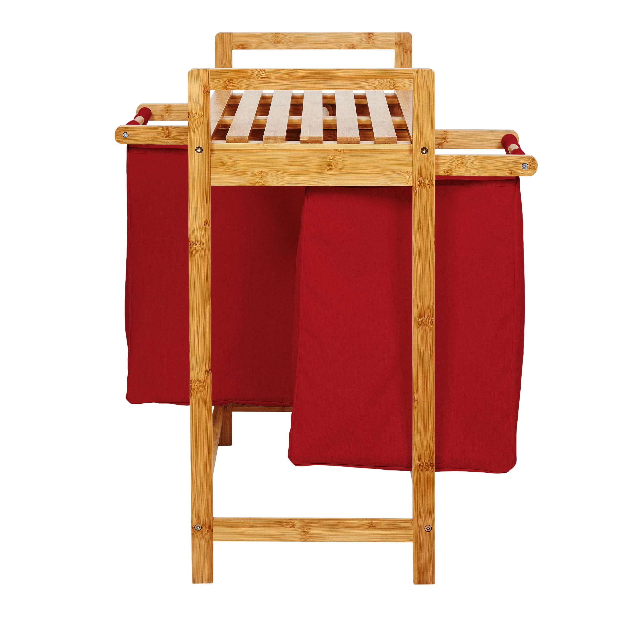 Bambus Wäschekorb mit 2 ausziehbaren Wäschesacken - rot, 73x64x33 cm, schlank, wasserabweisend und mit großzügiger Ablagefläche.