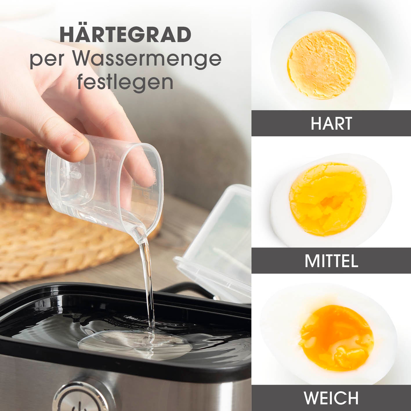 Design-Eierkocher für 6 Eier zeigt Wassermessbecher zum Einstellen der Härtegrade weich, mittel, hart für perfekte Eierzubereitung.