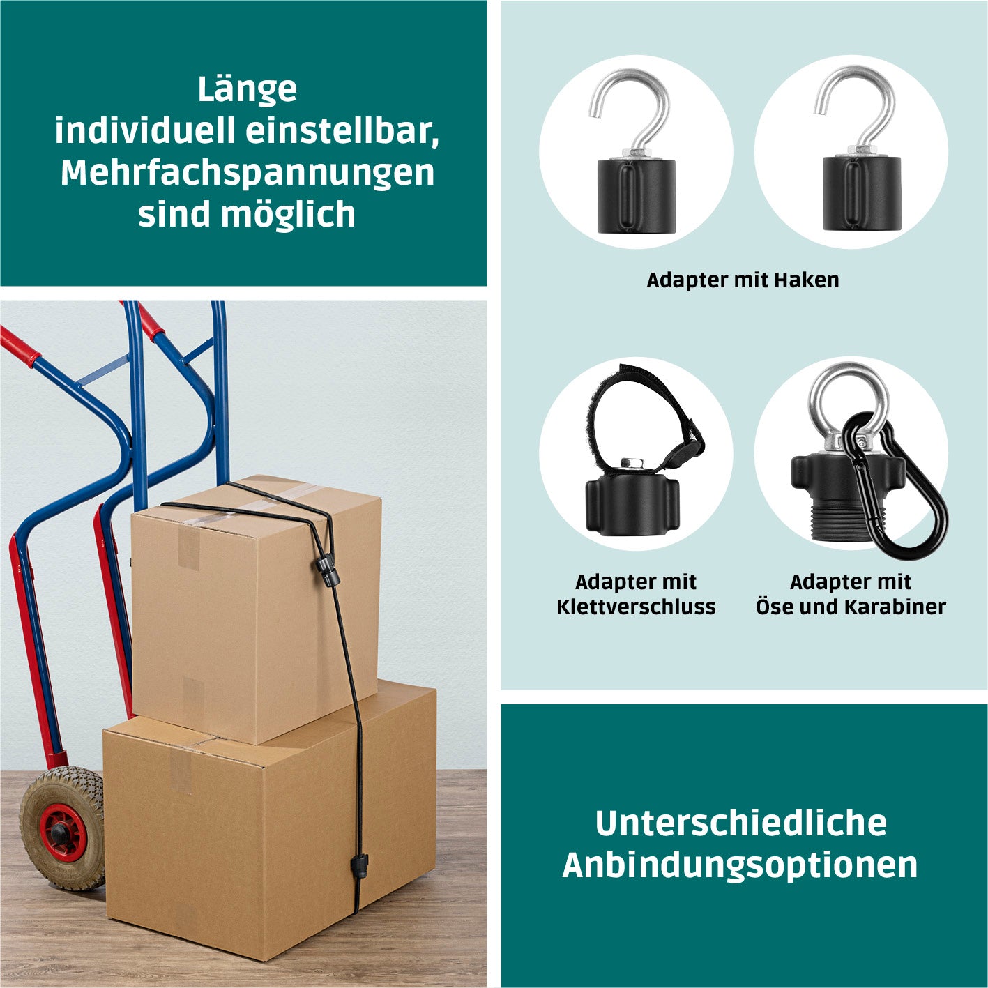 Multifunktionales Spanngummi-System - Premium-Set mit individuell einstellbarer Länge und verschiedenen Anbindungsoptionen für flexible Nutzung.