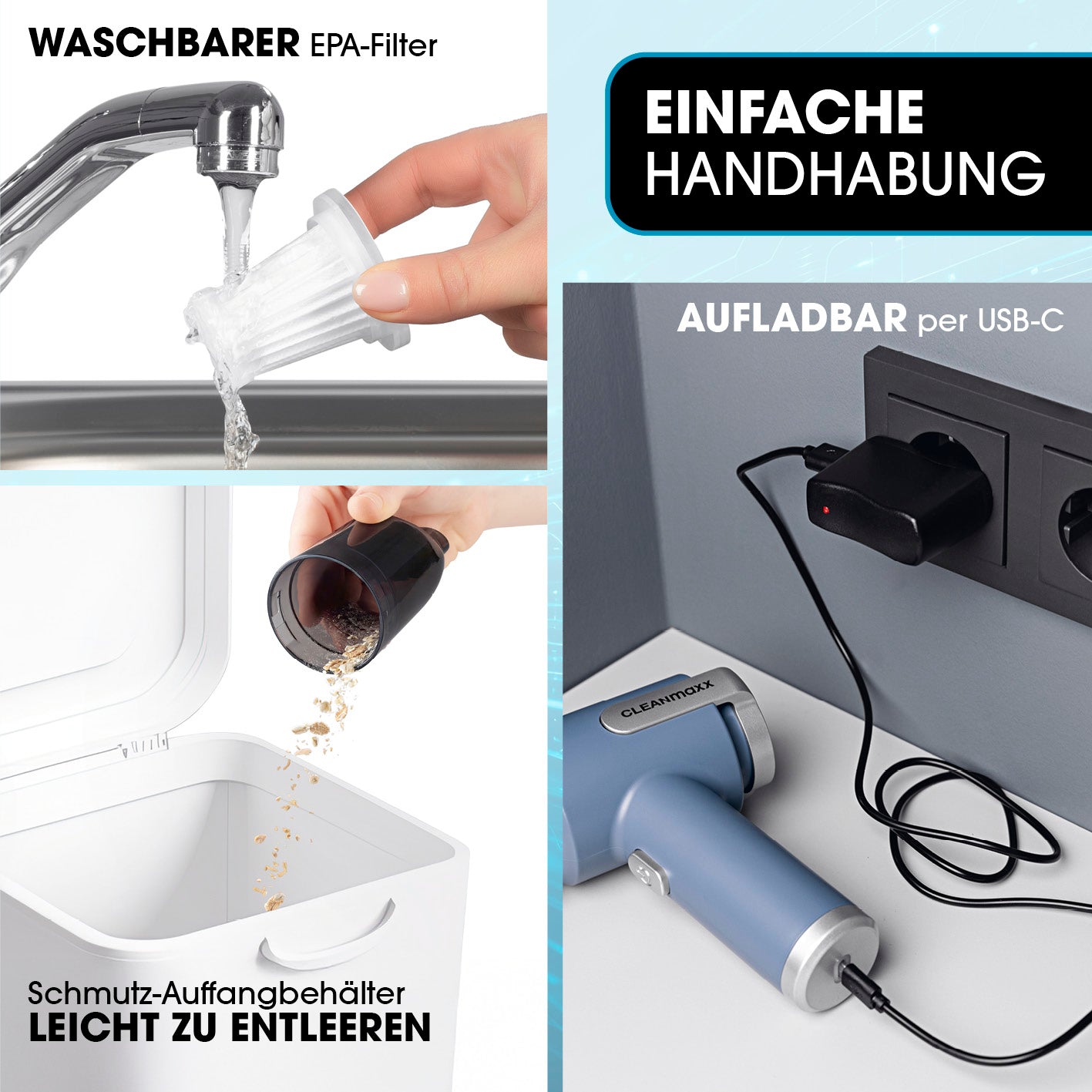 2in1-Akkusauger mit waschbarem EPA-Filter, leicht entleerbarem Schmutzbehälter und USB-C-Aufladung für einfache Handhabung.