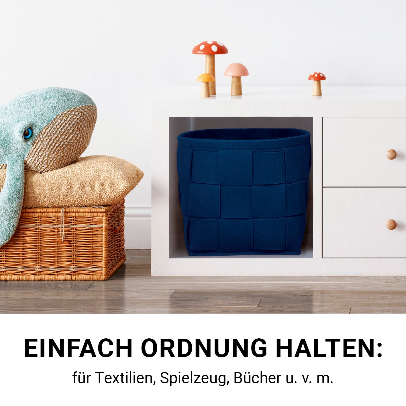 Filz-Aufbewahrungstasche L - 40 x 30 x 30 cm - Dunkelblau, moderner filzkorb mit praktischen Tragegriffen für vielseitige Aufbewahrung.