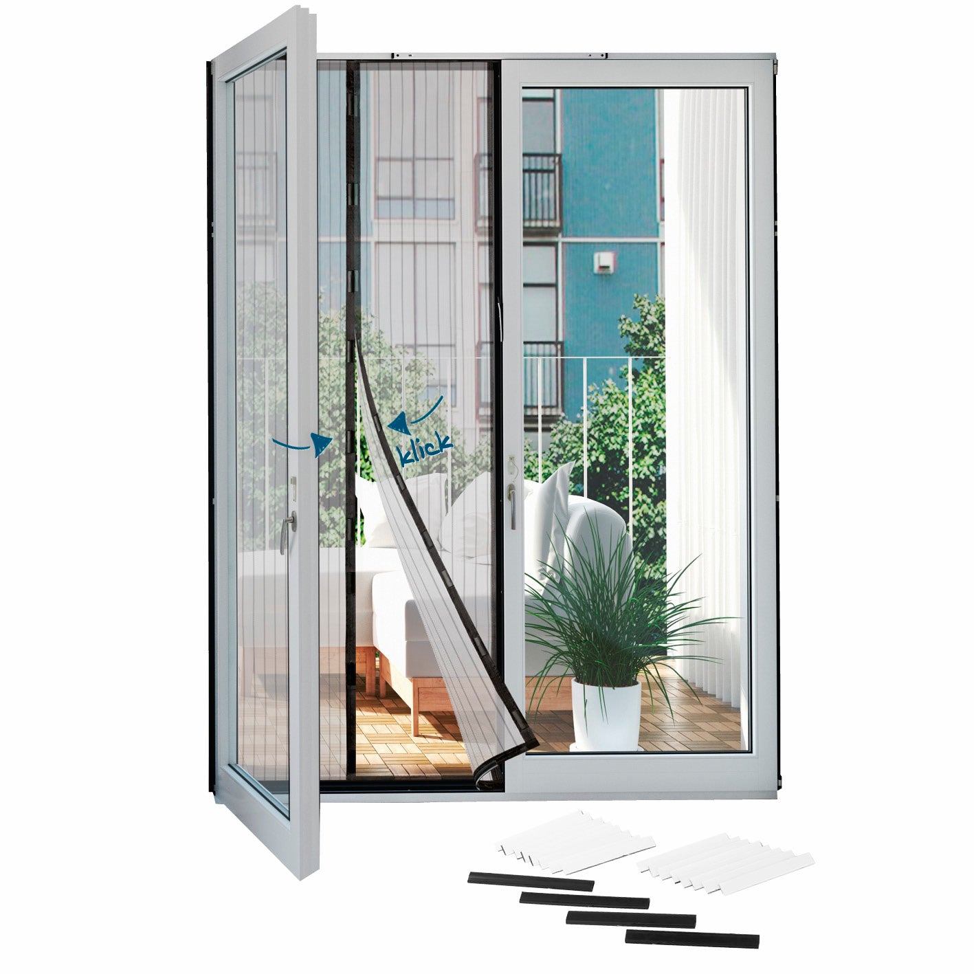Tür-Insektenschutz 100 x 210 cm mit Magnetverschluss, selbstklebend, flexibel zuschneidbar, luftdurchlässig und halbtransparent anthrazitfarben.