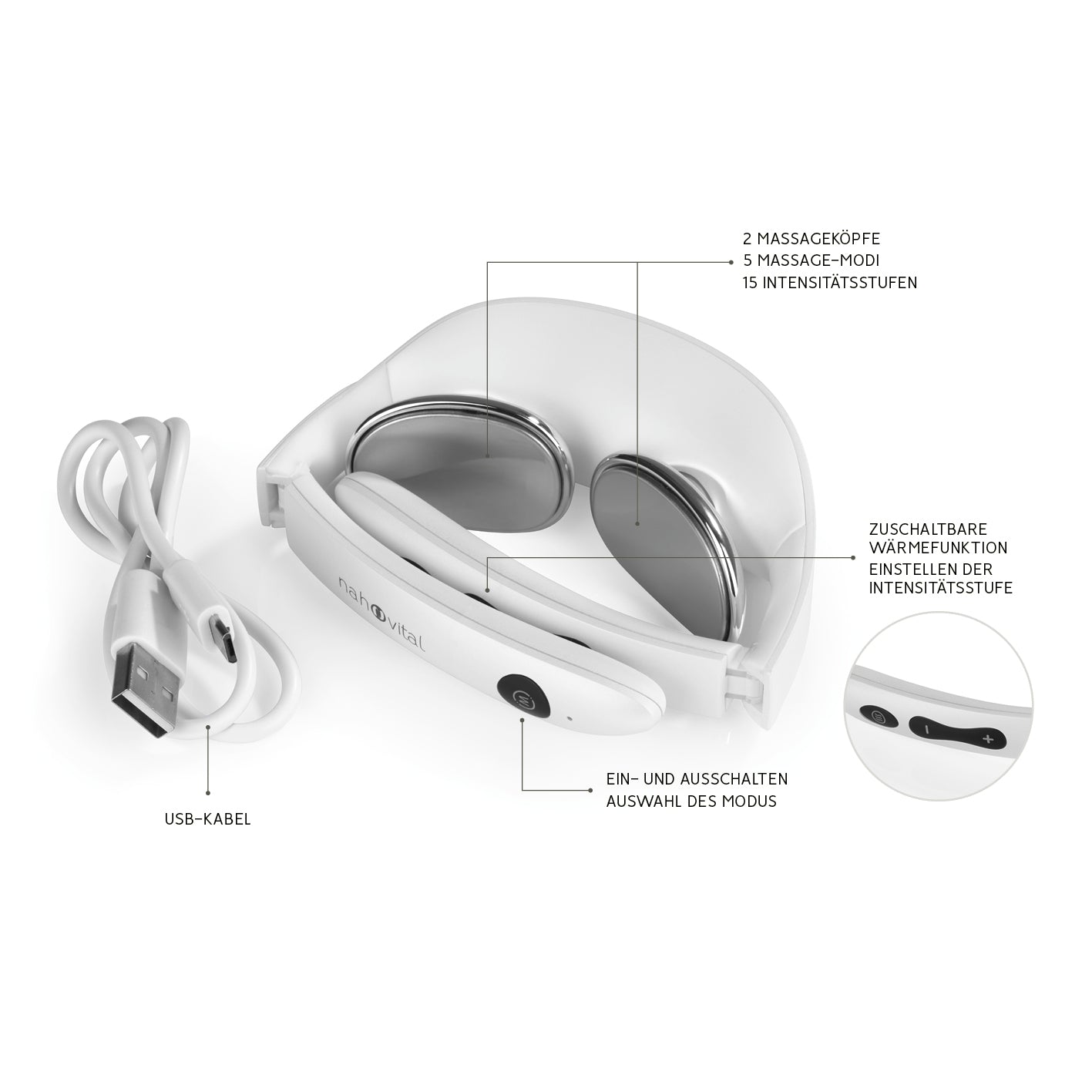 Kompakt-Nackenmassagegerät mit 2 Massageköpfen, 5 Massagemodi, 15 Intensitätsstufen, Wärmefunktion und USB-Kabel.