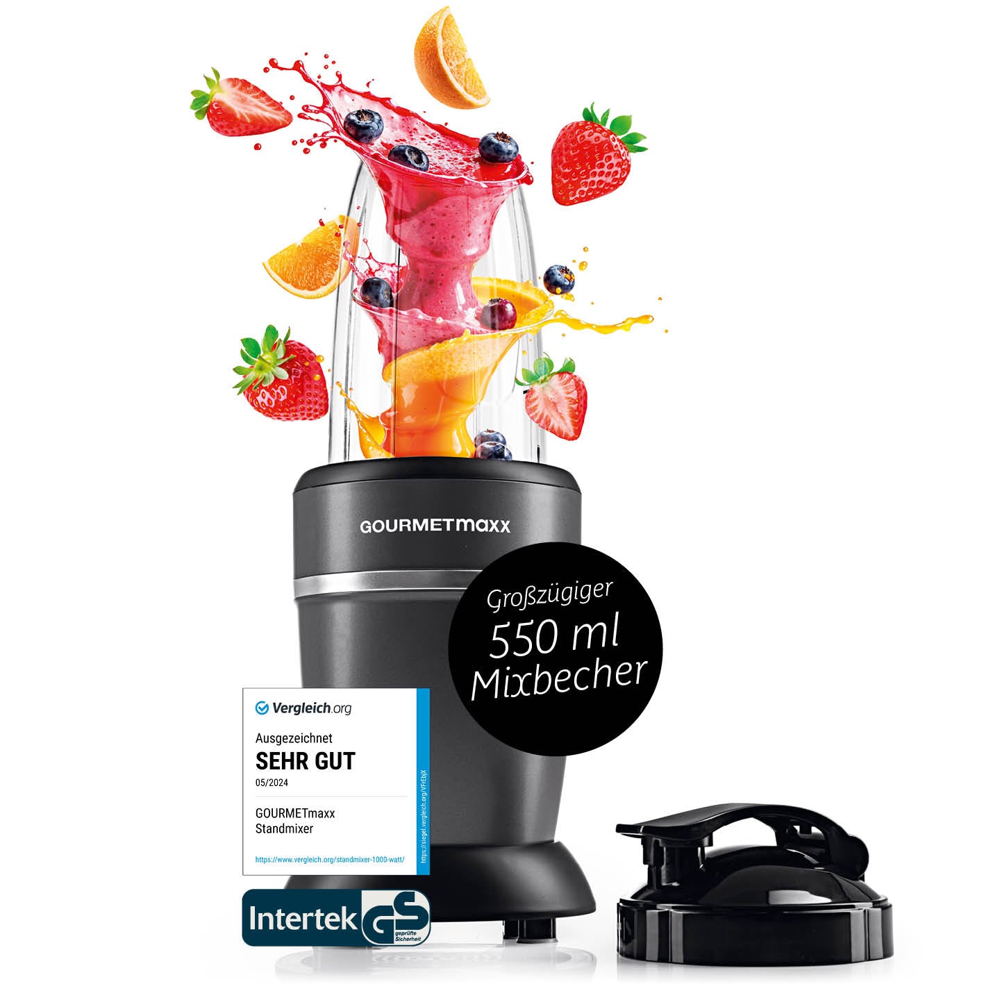 Nutrition Mixer Pro 1.000 mit Basis-Set M Anthrazit/Schwarz kompakter Standmixer mit 550 ml Mixbecher und To-go-Deckel.