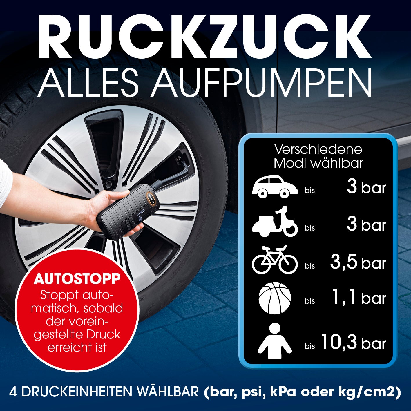 Akku-Handkompressor mit Autostopp, 4 Modi bis 10,3 bar, für Auto-, Fahrrad-, Motorradreifen und Bälle, USB-aufladbar.