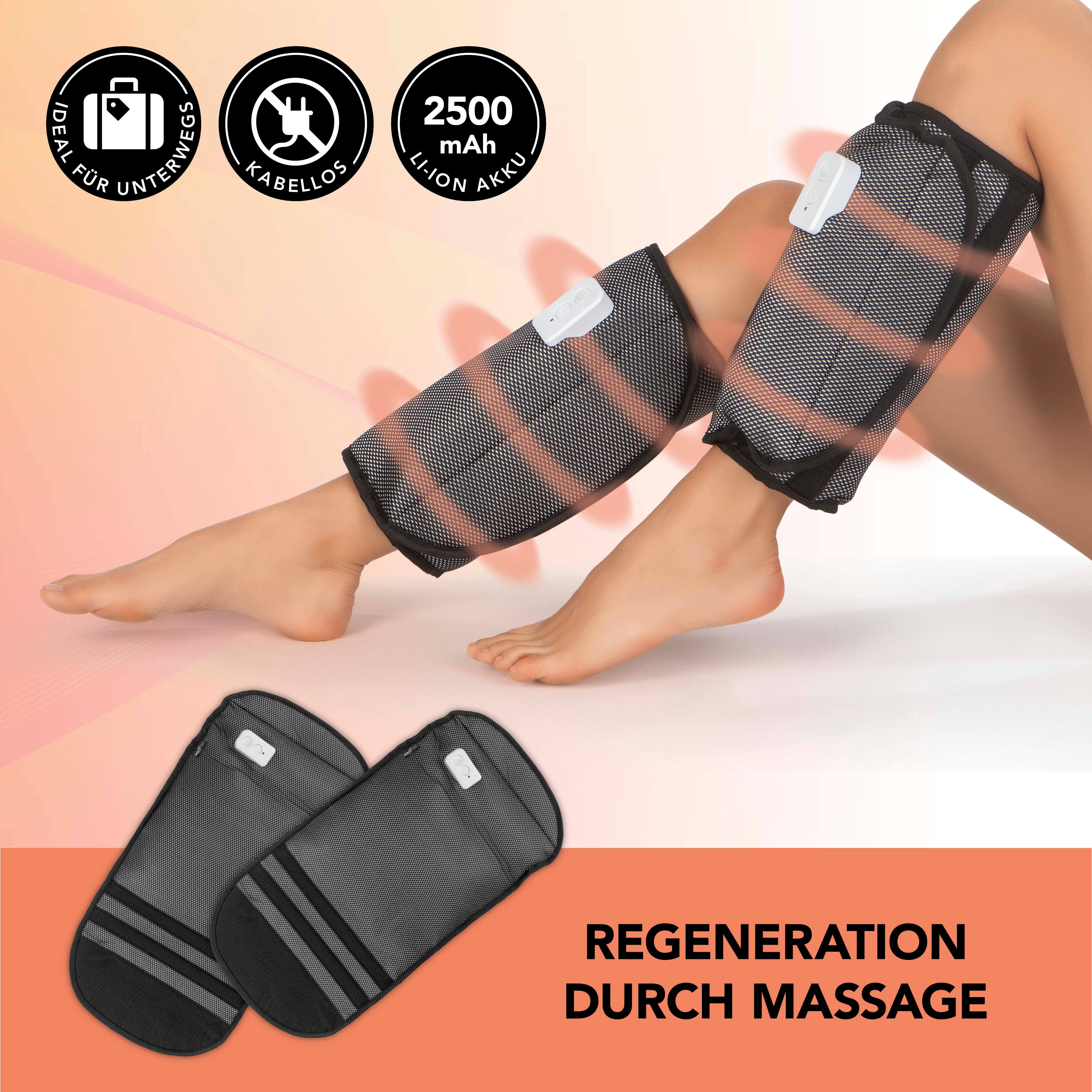 Venen-Massagegerät mit Wärmefunktion - 2 Intensitätsstufen zur Luftkompressionsmassage an Armen und Beinen, kabellos und stufenlos verstellbar.