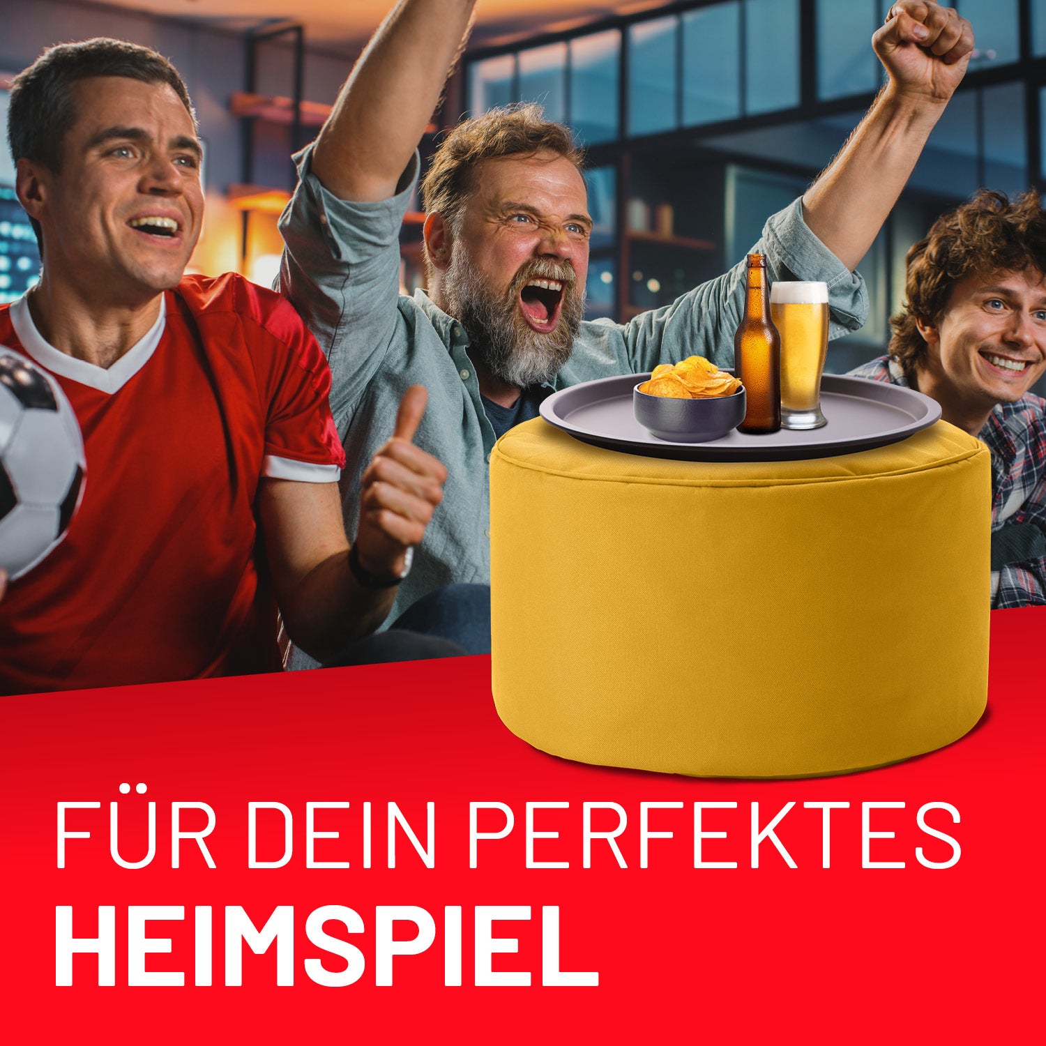 EM 2024 3er Deutschland-Set mit robustem Pouf in Schwarz, Rot & Gelb – ideal für Indoor & Outdoor als Sitzsack und Fußschemel.