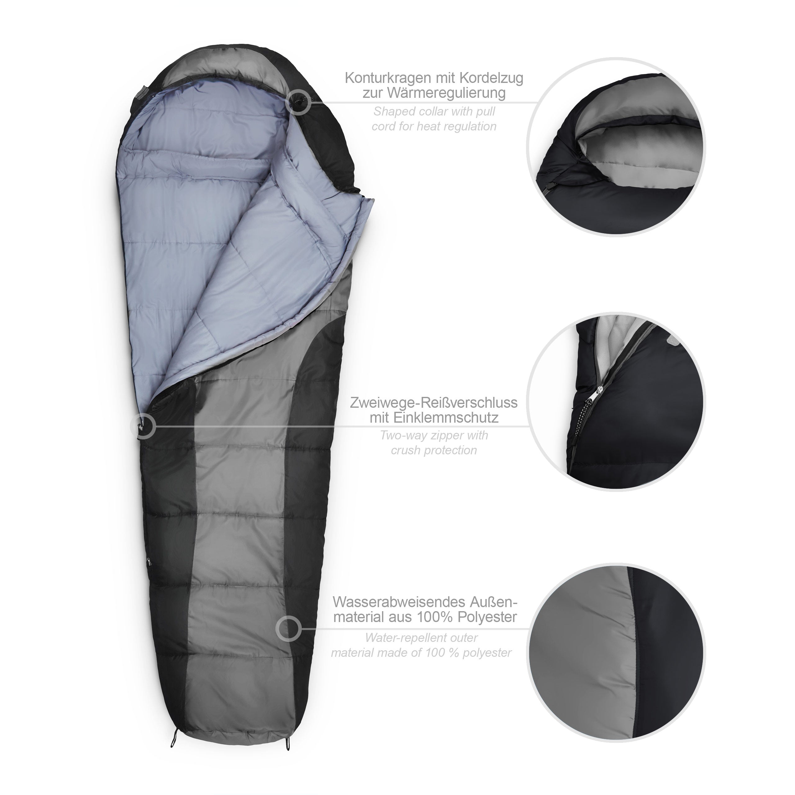 Camping Schlafsack Classic - Mumienschlafsack grau-schwarz mit wasserabweisendem Außenmaterial, Konturkapuze und Zweiwege-Reißverschluss.