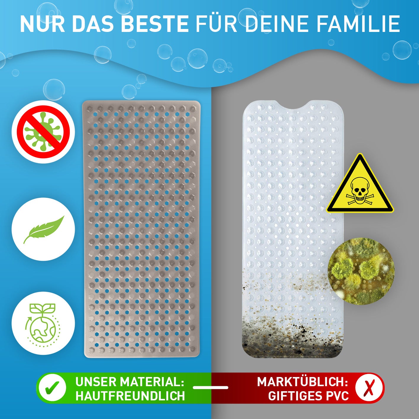 Badewannenmatte 88 x 40 cm – Hellgrau, hautfreundliches Material mit Anti-Rutsch-Struktur im Vergleich zu giftigem PVC-Material.