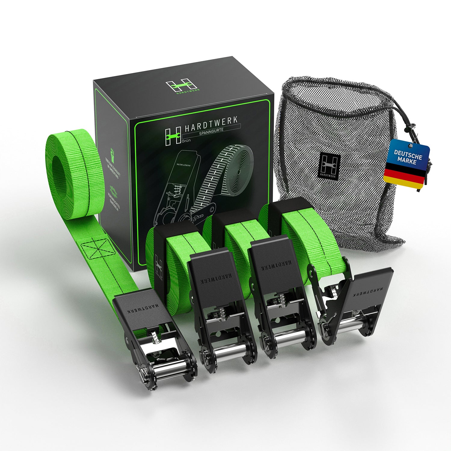 Spanngurte mit Ratschen - 4er-Set - Neongrün mit robuster Ratsche und Tragetasche für sichere Ladungssicherung bis 1000 kg Greifkraft.