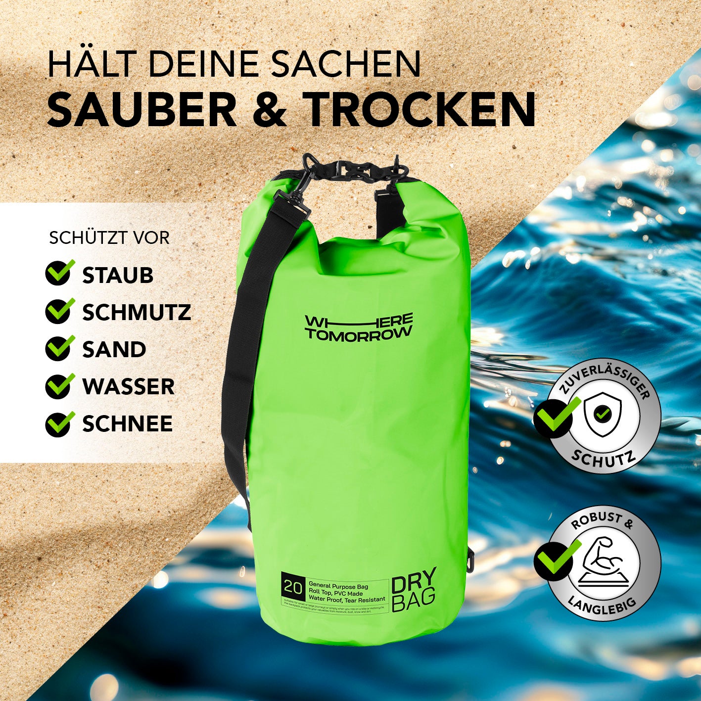 Dry Bag 20L - Style 01 - Grün, wasserdichter und robuster Outdoor-Rucksack zum Schutz vor Sand, Wasser, Staub und Schnee.