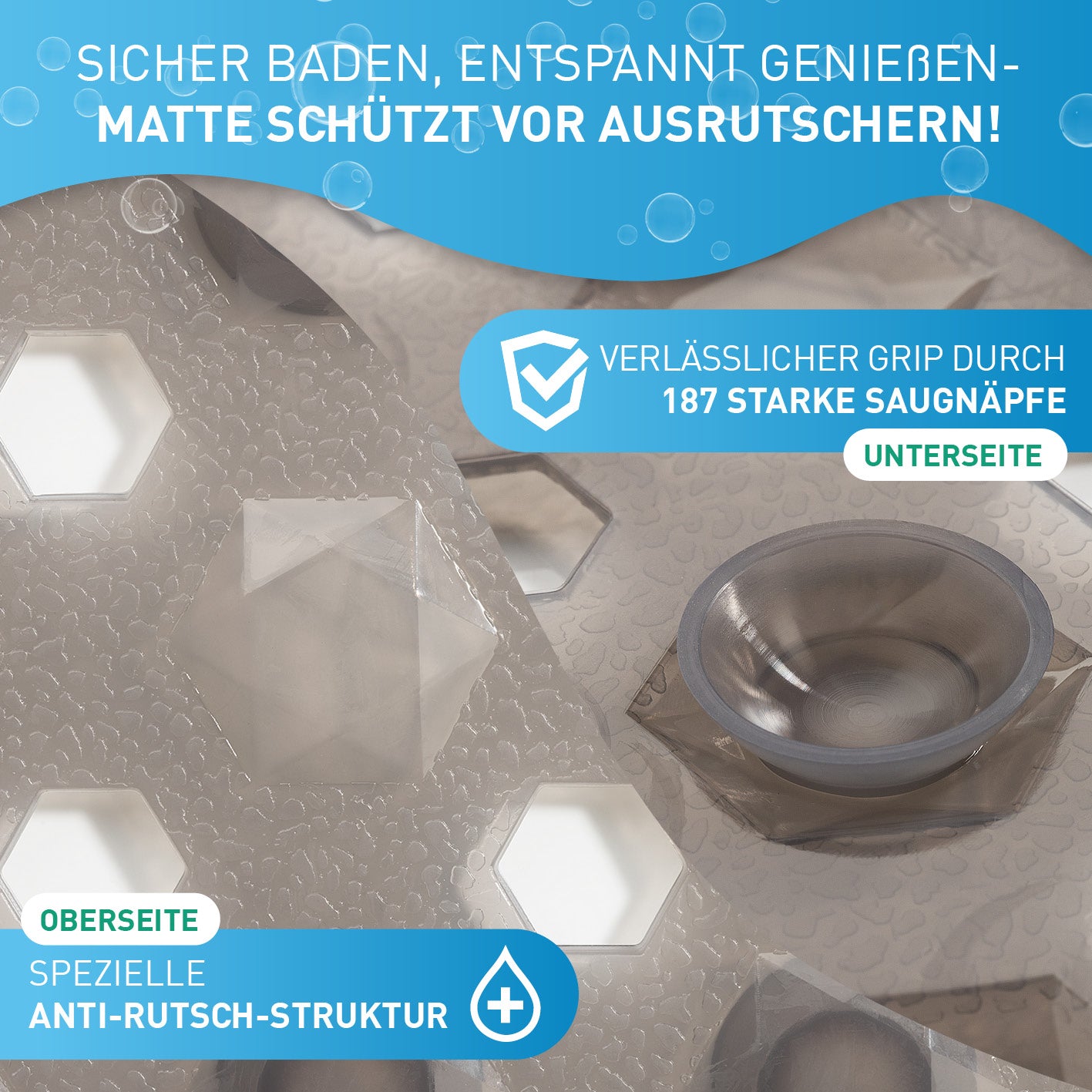 Badewannenmatte 88 x 40 cm – Hellgrau mit Anti-Rutsch-Struktur und 187 starken Saugnäpfen für sicheren Halt beim Baden.
