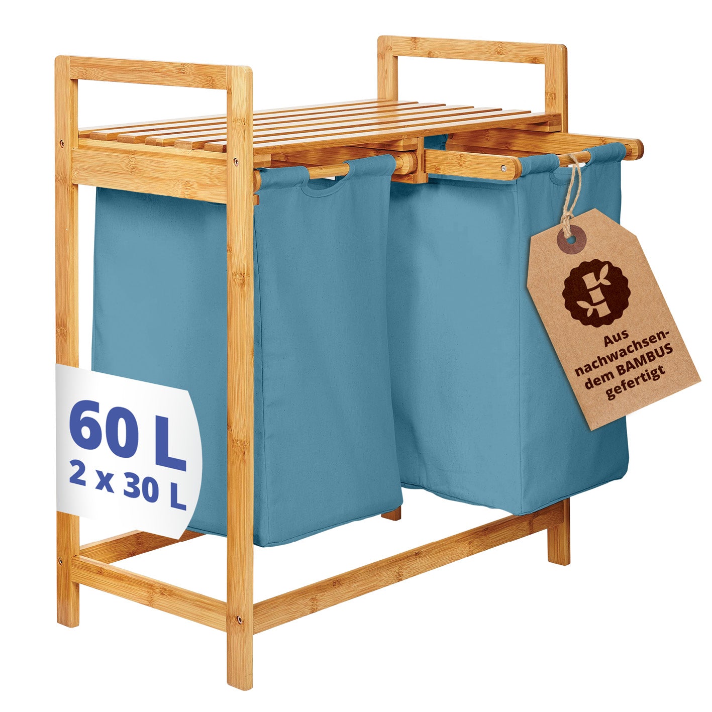 Bambus Wäschekorb mit 2 ausziehbaren blauen Wäschesäcken, 73 x 64 x 33 cm, langlebig und pflegeleicht, 60 Liter Fassungsvermögen.