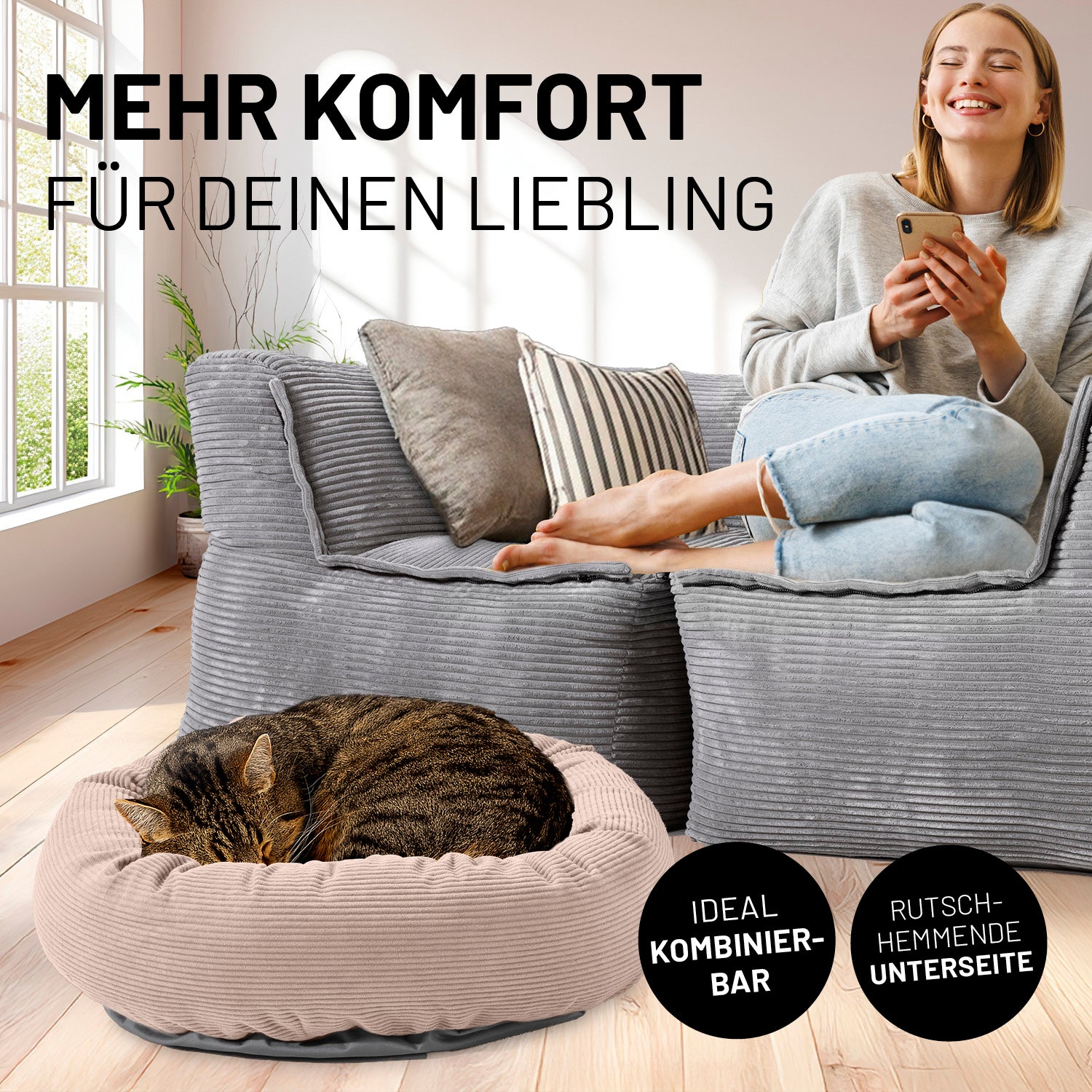 Komfort-Katzenbett aus der LUMALAND Cord-Reihe - Ø 60 cm - Rosé mit weichem Cordbezug und rutschhemmender Unterseite im Wohnraum mit Katze.