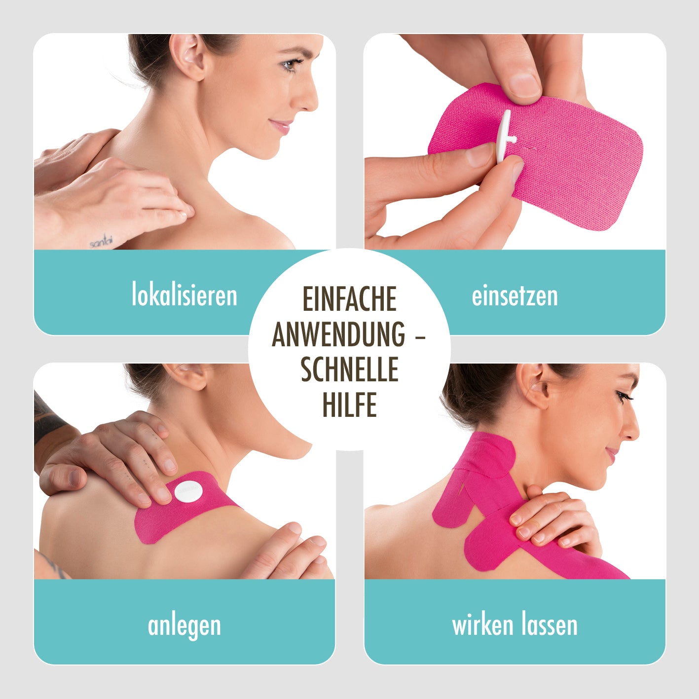 Triggerknopf mit pinkem Tape - 3er-Set zur Behandlung von Verspannungen durch einfache Anwendung und Schmerzlinderung im Nackenbereich.