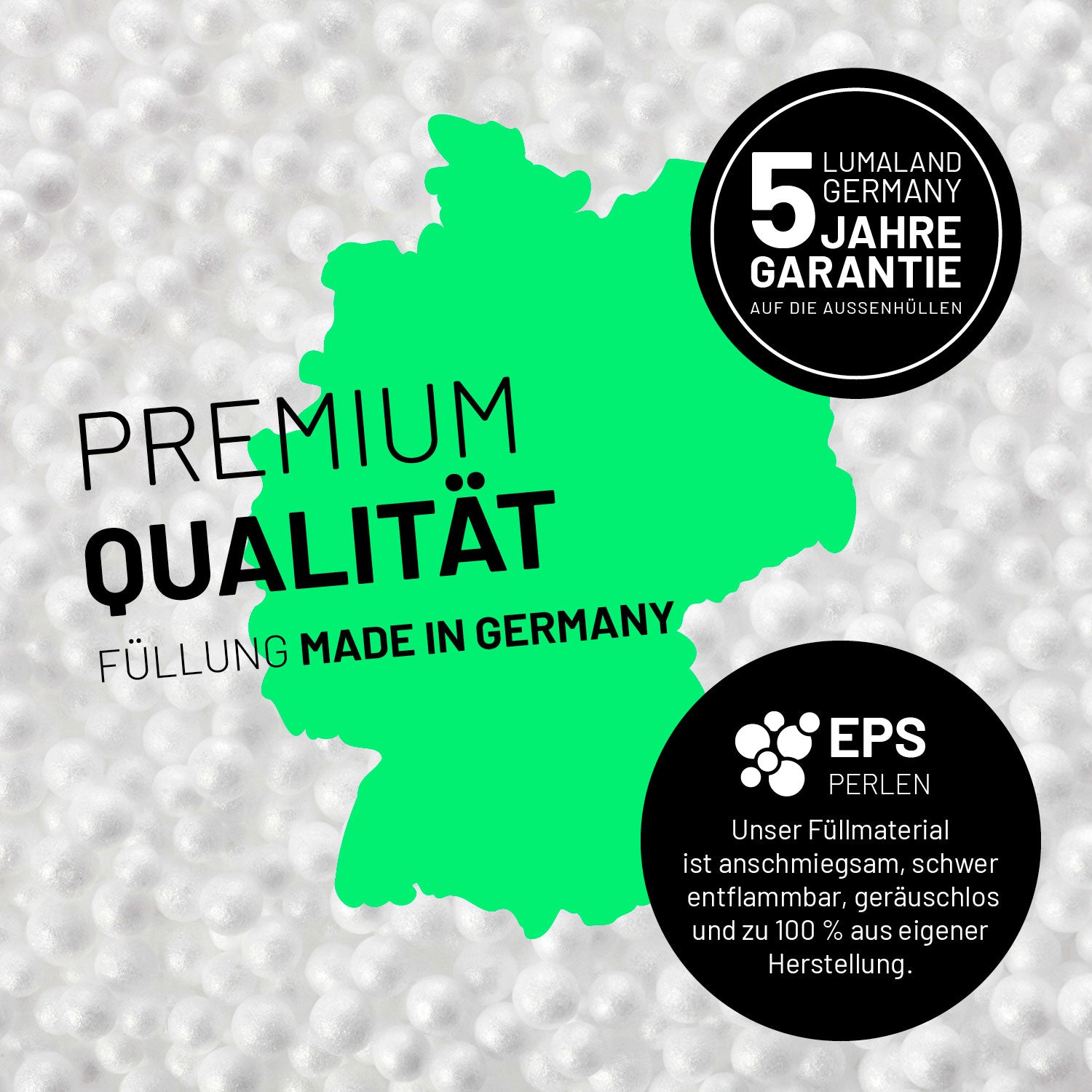 Luxury XL PLUS Sitzsack (220 L) mit hochwertiger, deutscher EPS-Füllung für optimalen Sitzkomfort und 5 Jahre Garantie.