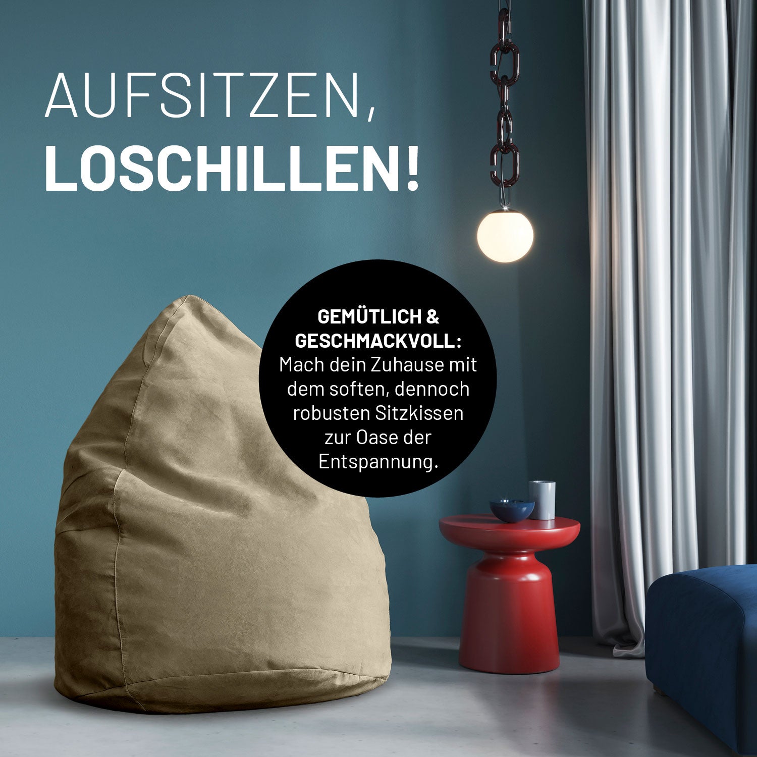 Luxury XL Sitzsack (120 L) beige von Lumaland, stylischer, bequemer Sitzsack für Entspannung und modernen Wohnstil.