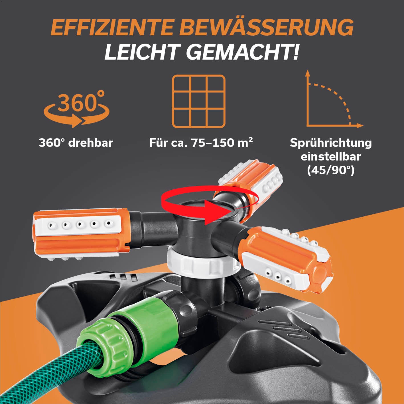 360°-Gartensprinkler - 2er-Set mit 360°-Rotation, 3 rotierenden Armen, einstellbarer Sprührichtung und 75–150 m² Bewässerungsfläche.
