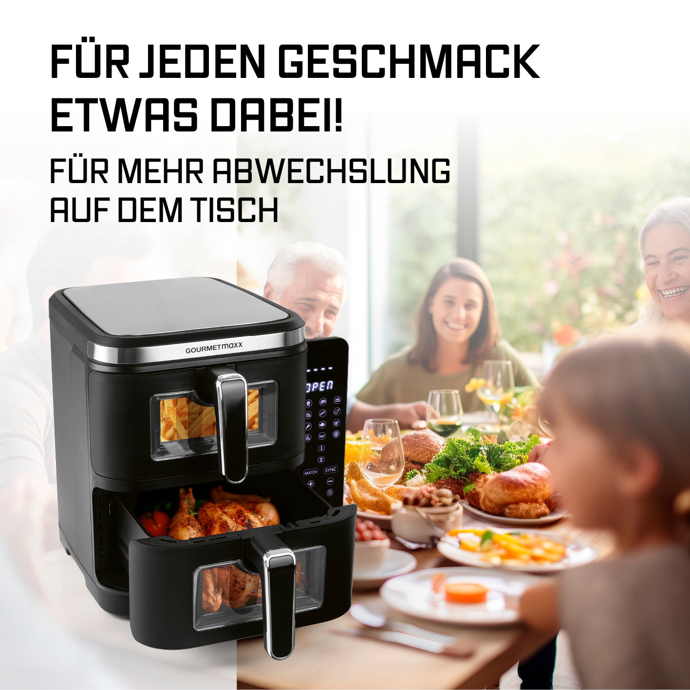 FryUp Vertikale Doppelkammer-Heißluftfritteuse mit Sichtfenster zeigt vielseitiges Kochen für die ganze Familie am Esstisch.