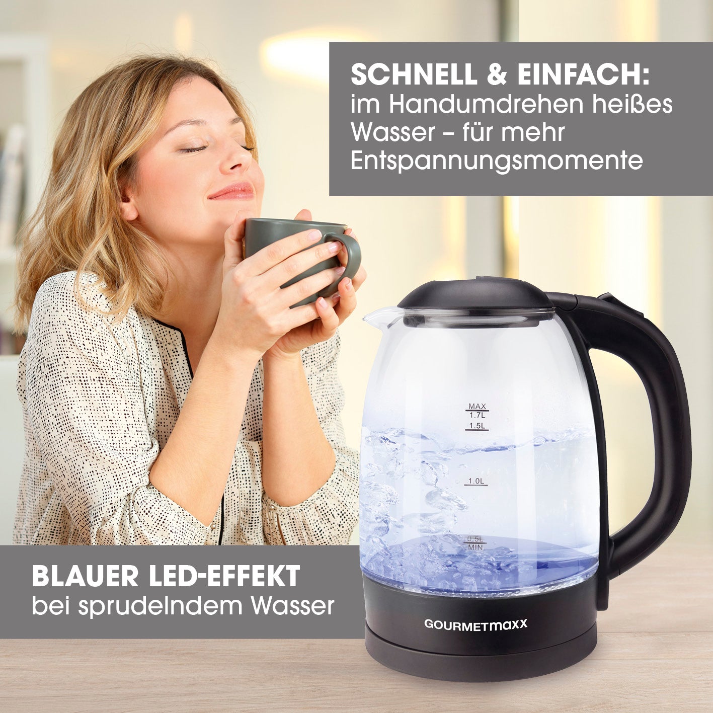 Glas-Wasserkocher 1,7 l - Schwarz mit 360° drehbarer Basis, Wasserstandsanzeige, LED-Beleuchtung und Abschaltautomatik.