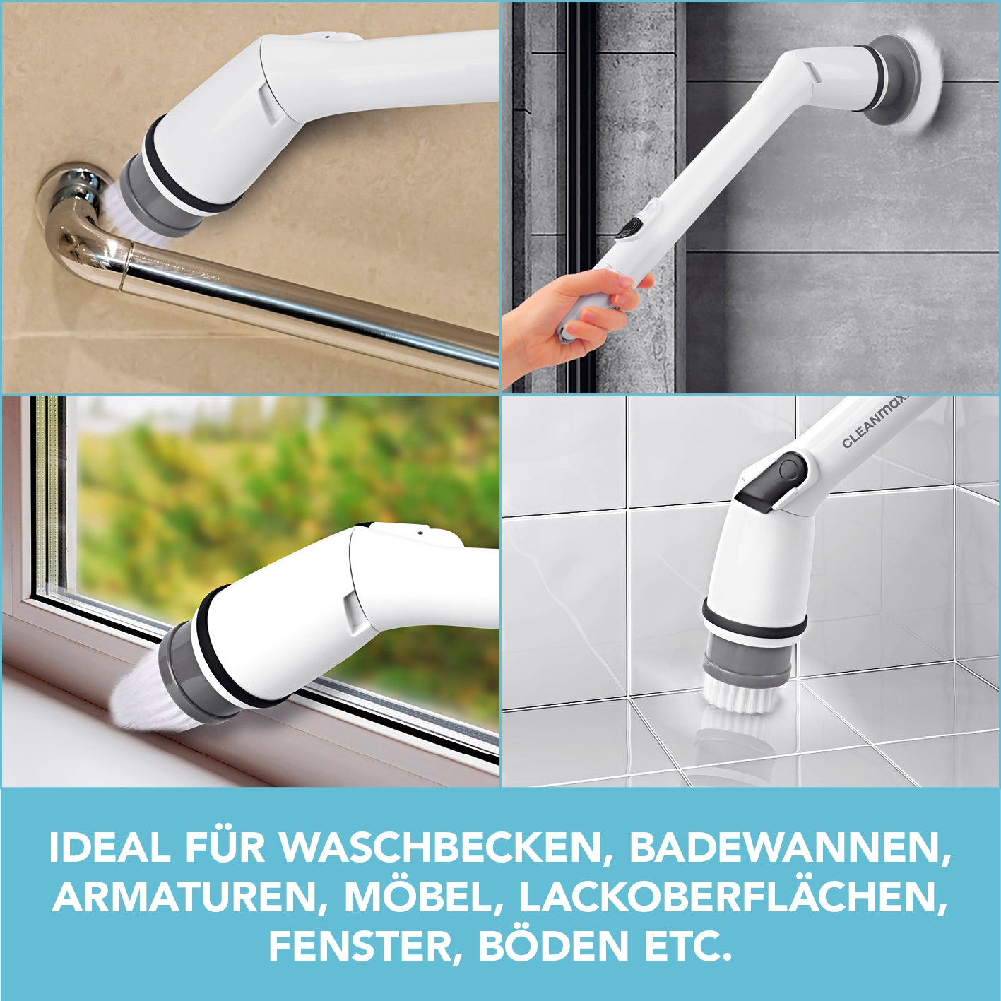 Akku-Reinigungsbürsten-Set - weiß/schwarz mit 7 Aufsätzen und Verlängerungsstange für schwer zugängliche Bereiche.