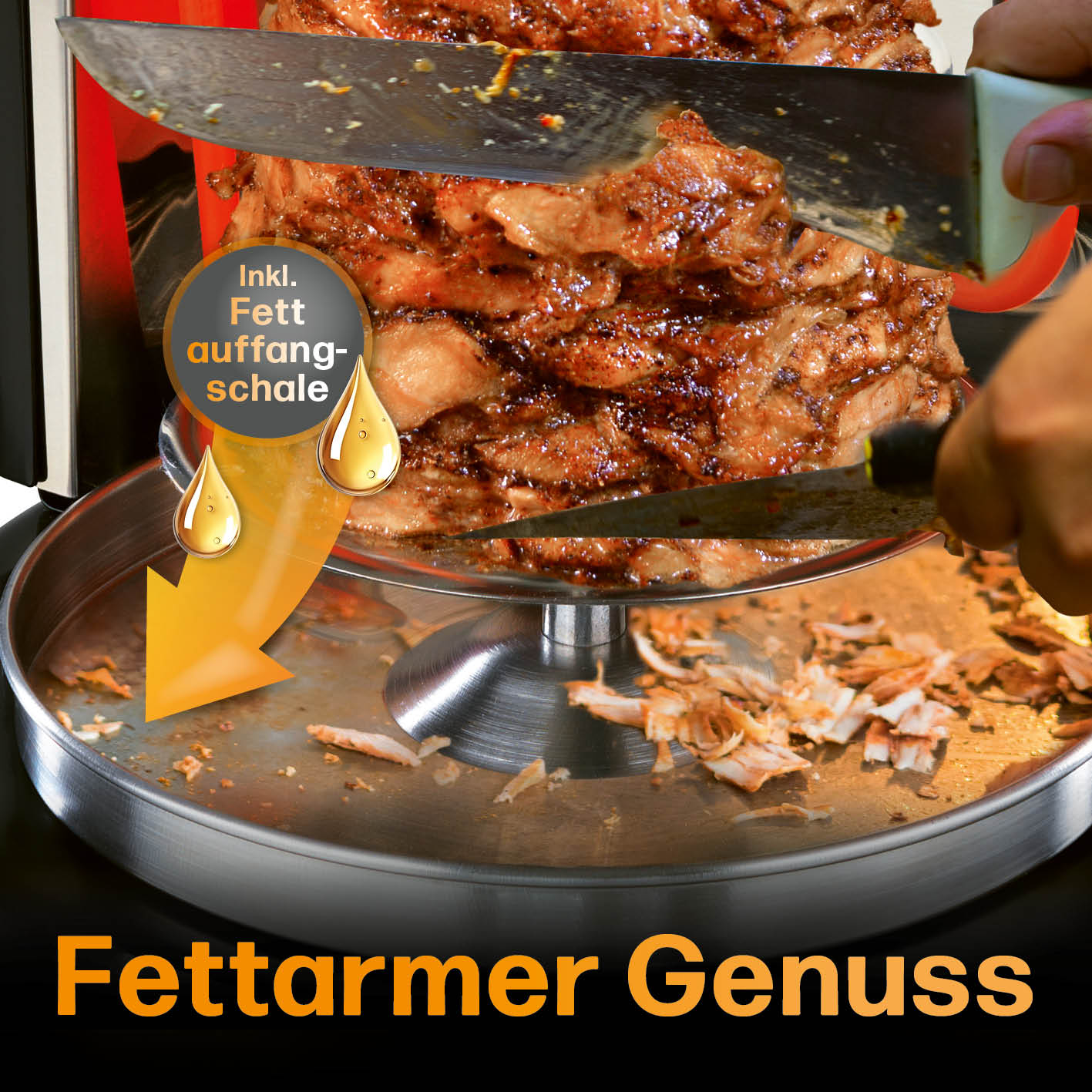 Dönergrill mit rotierendem Spieß, großem Heizelement und Fettauffangschale für fettarmen Genuss zu Hause.