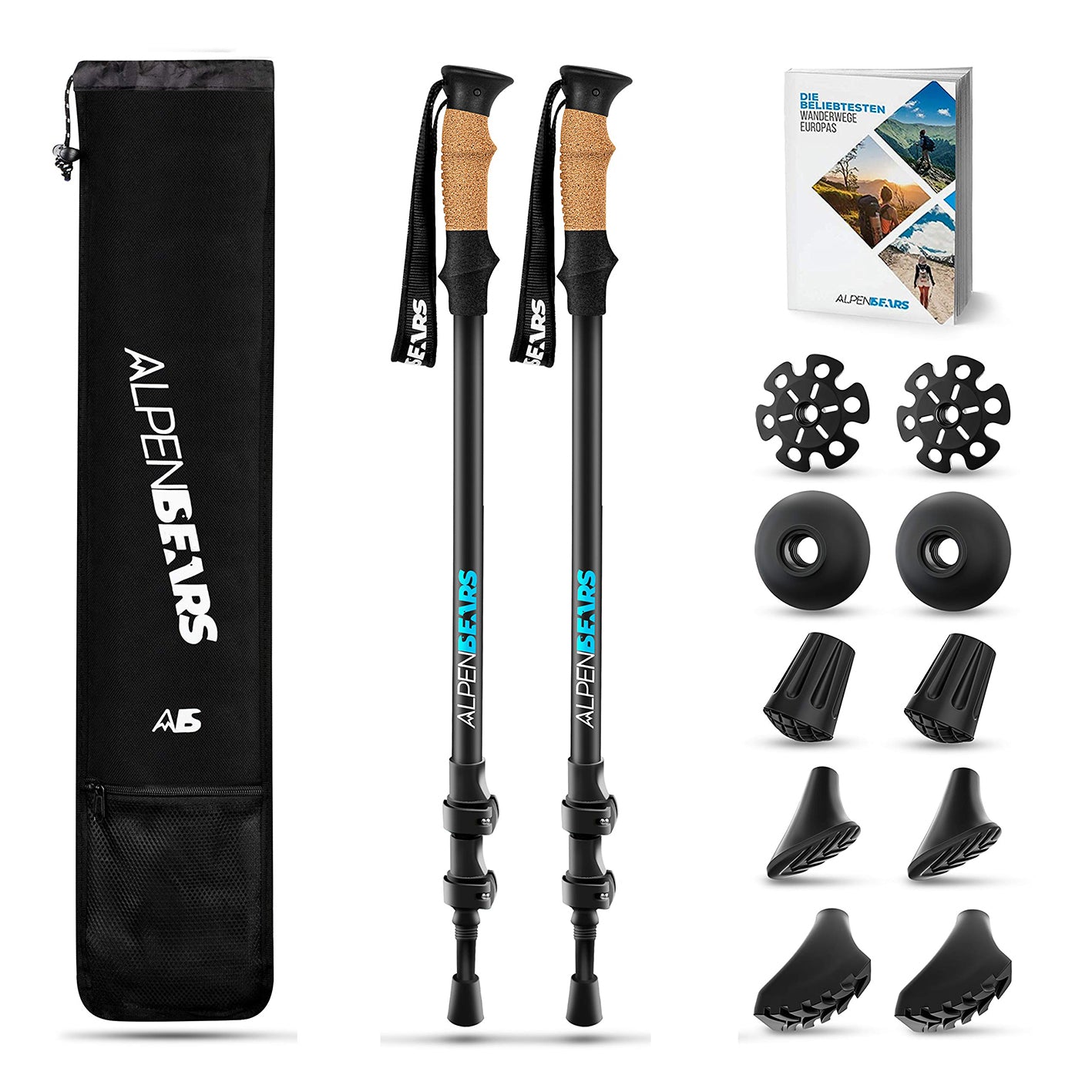 Teleskop Wanderstöcke mit Gummipuffer Set - Aluminium, leicht, verstellbar, mit Korkgriffen und verschiedenen Aufsätzen für alle Geländearten.