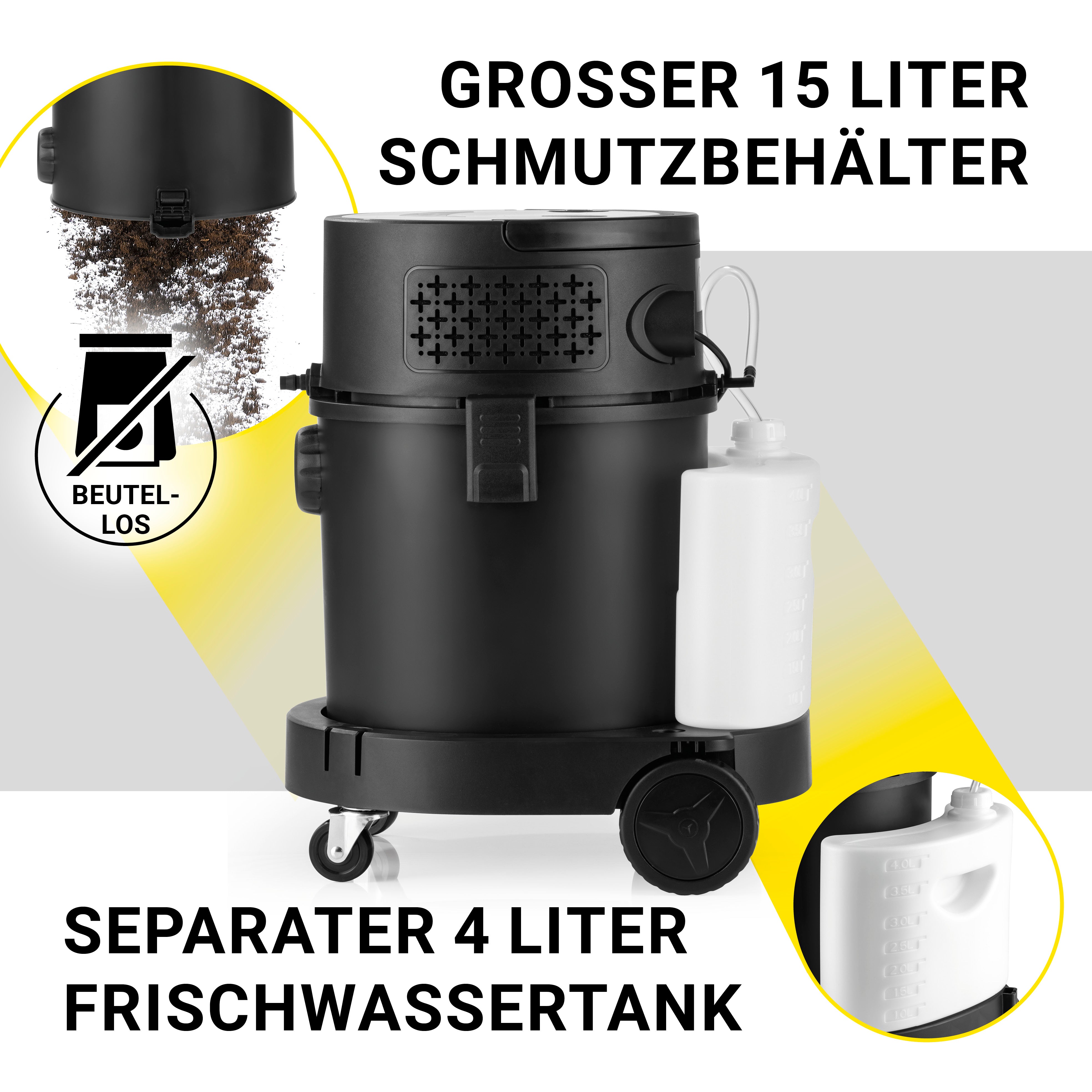 Sprüh- und Waschsauger Deep Clean mit 15 Liter Schmutzbehälter und separatem 4 Liter Frischwassertank für effektive Reinigung.