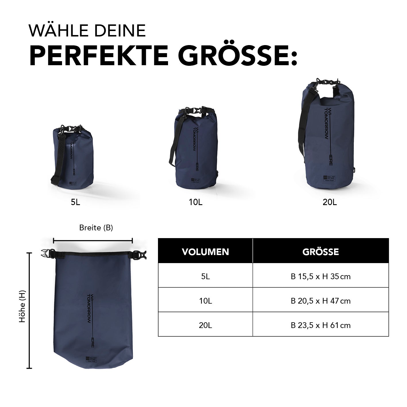 Dry Bag 20L - Style 02 - Dunkelblau wasserdichter, robuster Outdoor-Rucksack mit Rolltopverschluss und verstellbarem Schultergurt.