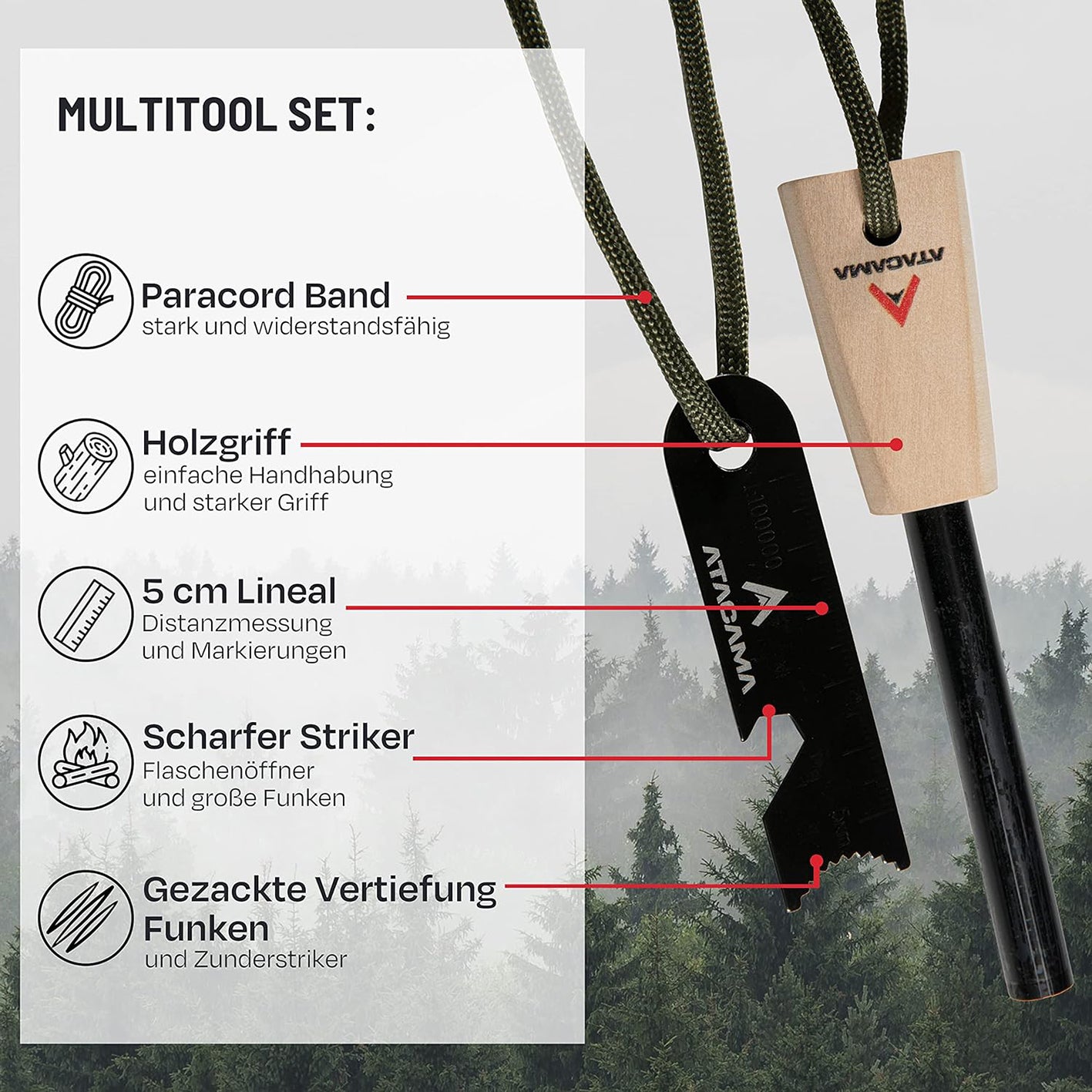 Feuerstahl Set - 7 tlg. - Wasserfest mit Paracord, Holzgriff, Lineal, scharfem Striker und gezackter Oberfläche für Outdoor und Survival.