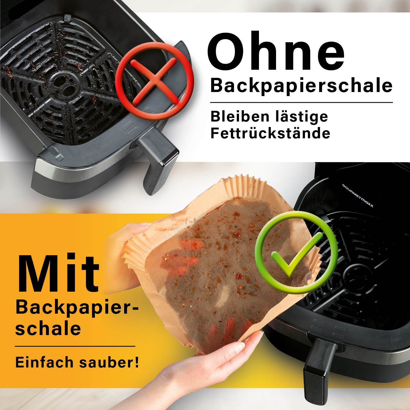 Backpapierschalen für Heißluftfritteusen (2–5 l) – 50 Stück, hitzebeständig, öl- und wasserbeständig, verhindert Fettrückstände.
