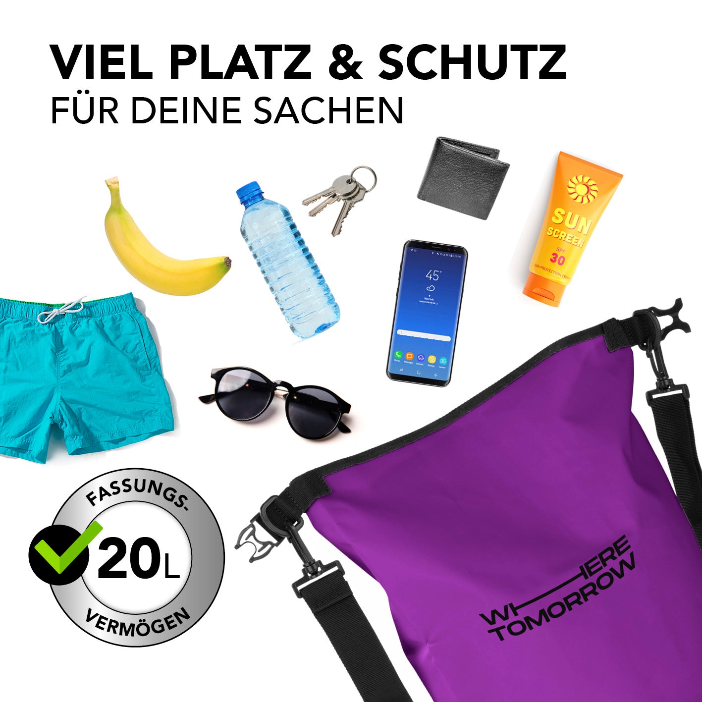 Dry Bag 20L - Style 01 - Lila wasserdichter und robuster Rucksack mit 20L Fassungsvermögen und UV-Schutz für Outdoor-Abenteuer.