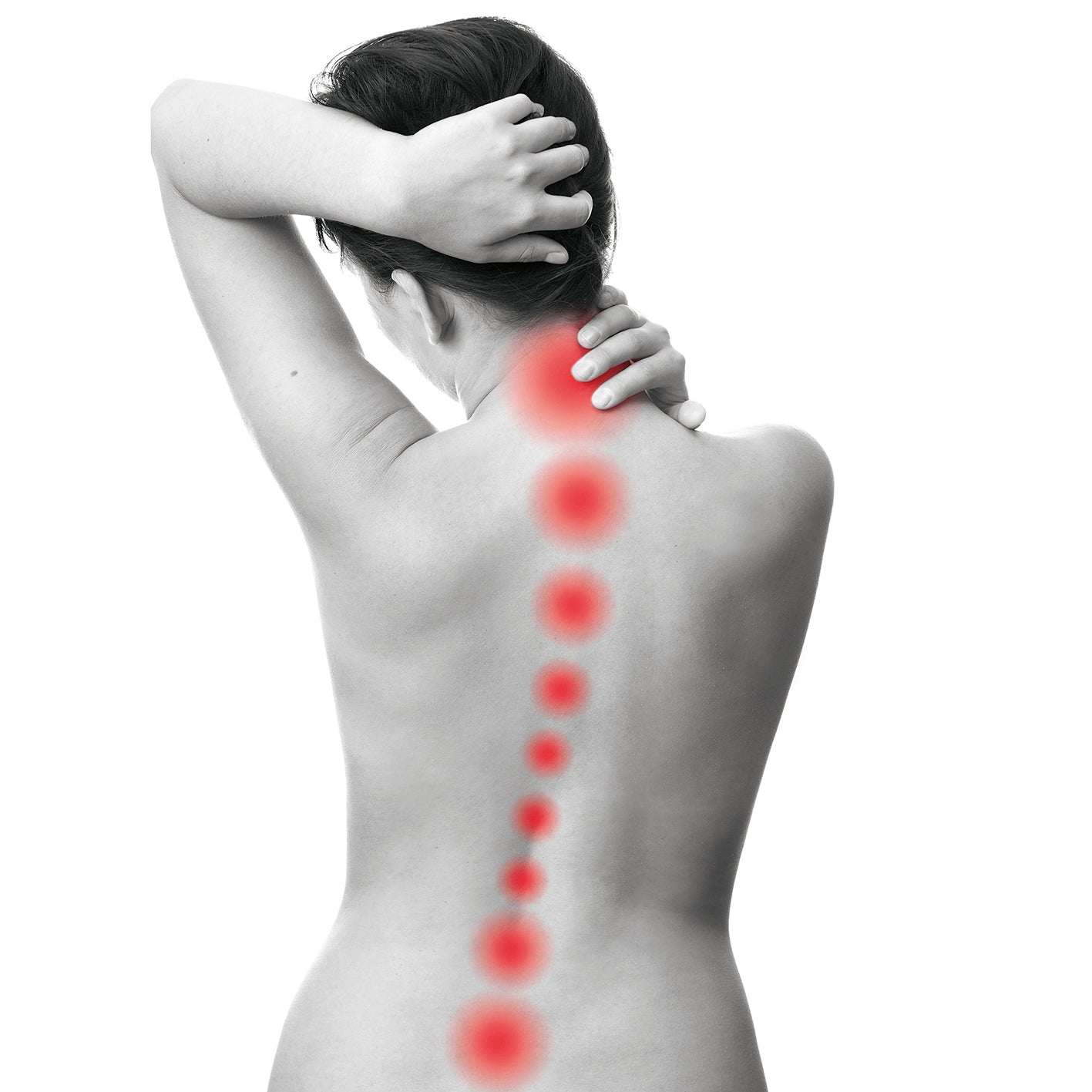 Frau mit schmerzhaften Rückenpunkten, visualisiert zur Anwendung des Schmerztherapie-Geräts Ultraschall bei Verspannungen und Schmerzen.