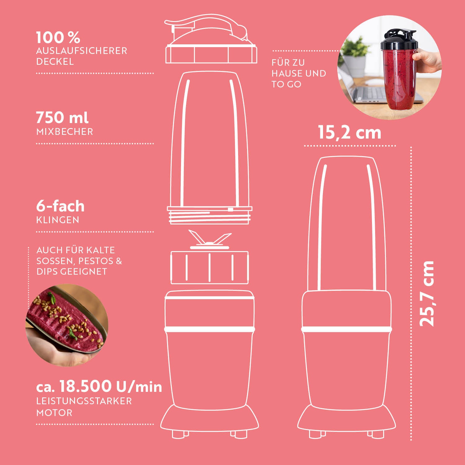 Nutrition Mixer mit 1000W Motor, 750ml Mixbecher, 6-fach Edelstahlklingen, auslaufsicherem To-go-Deckel, ideal für schnelle Smoothies und Saucen.