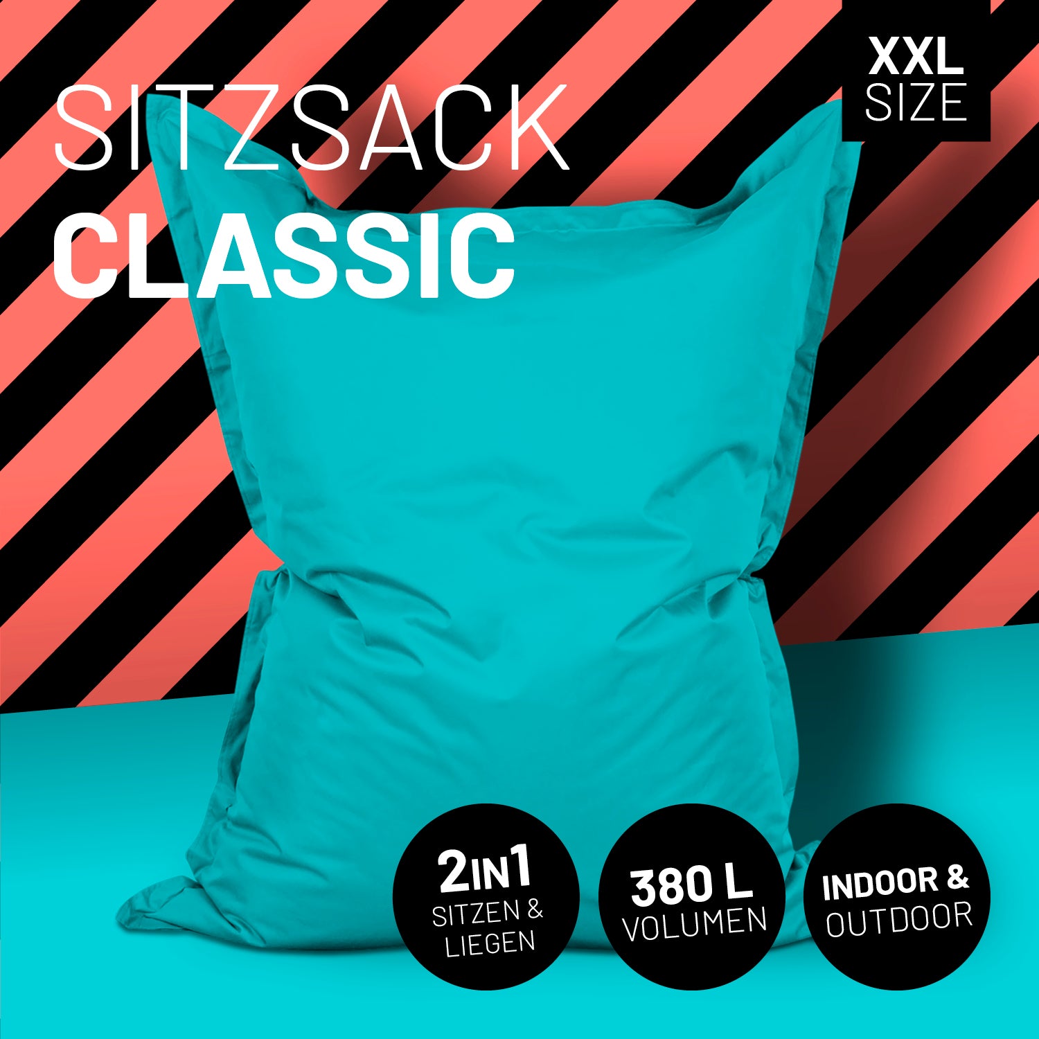 Sitzsack Classic XXL (380 L) in Aquamarin, für drinnen & draußen, 2in1 Sitzen & Liegen, pflegeleicht mit extra starker Naht.