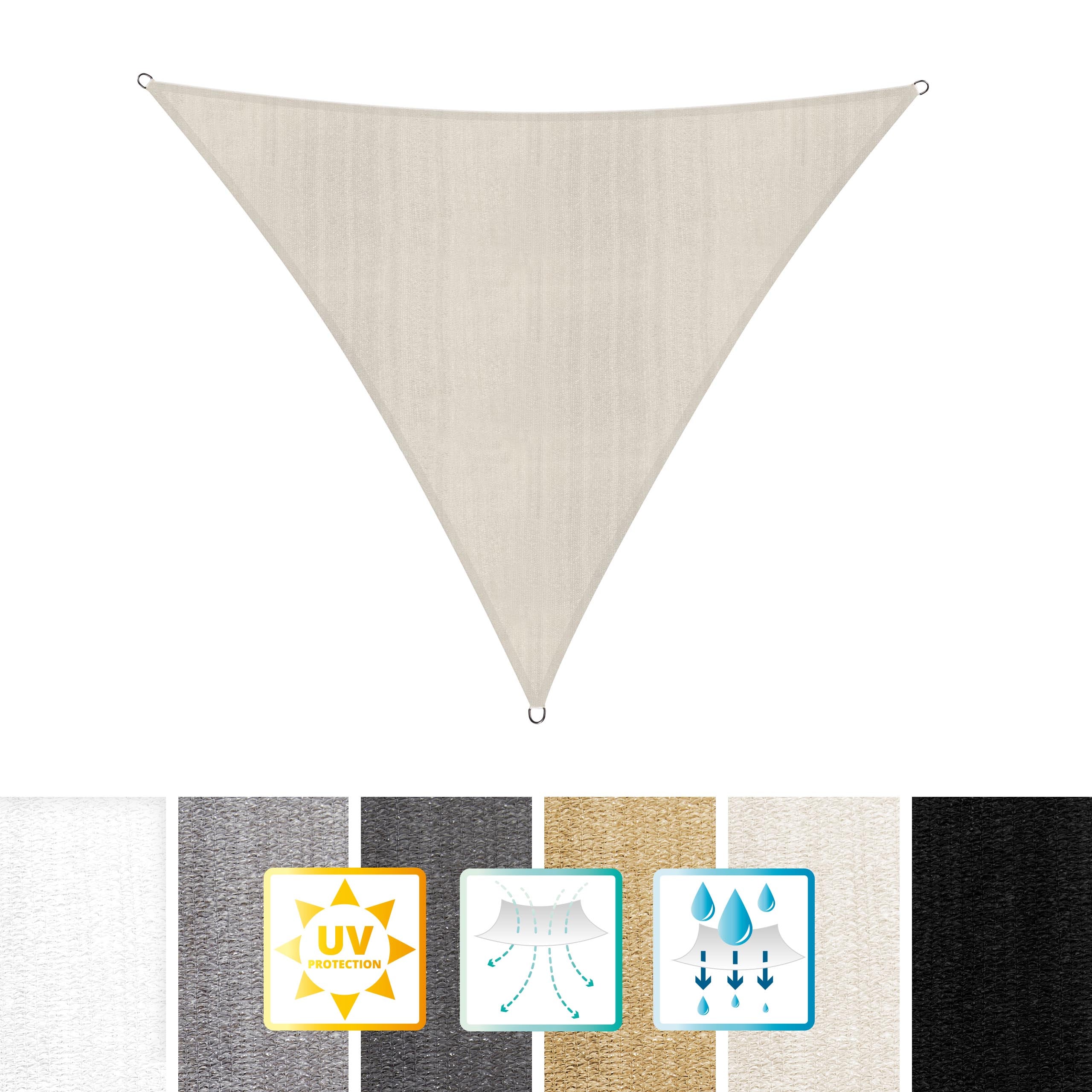 Sonnensegel 100% HDPE mit UV-Schutz, Dreieck 5 x 5 x 5 Meter, Farbe Creme, stabil und wetterbeständig