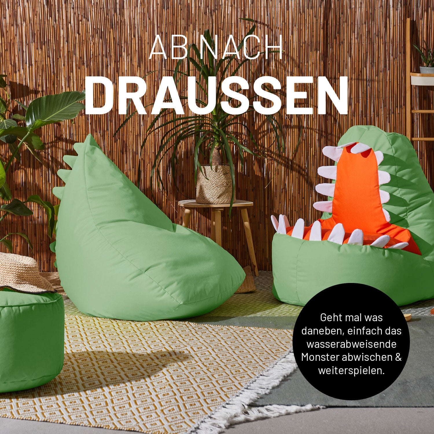 Kindersitzsack Animal Line Monster (180 L) Senfgelb, wasserabweisend, weich, robust, für drinnen und draußen, mit verdecktem Reißverschluss.
