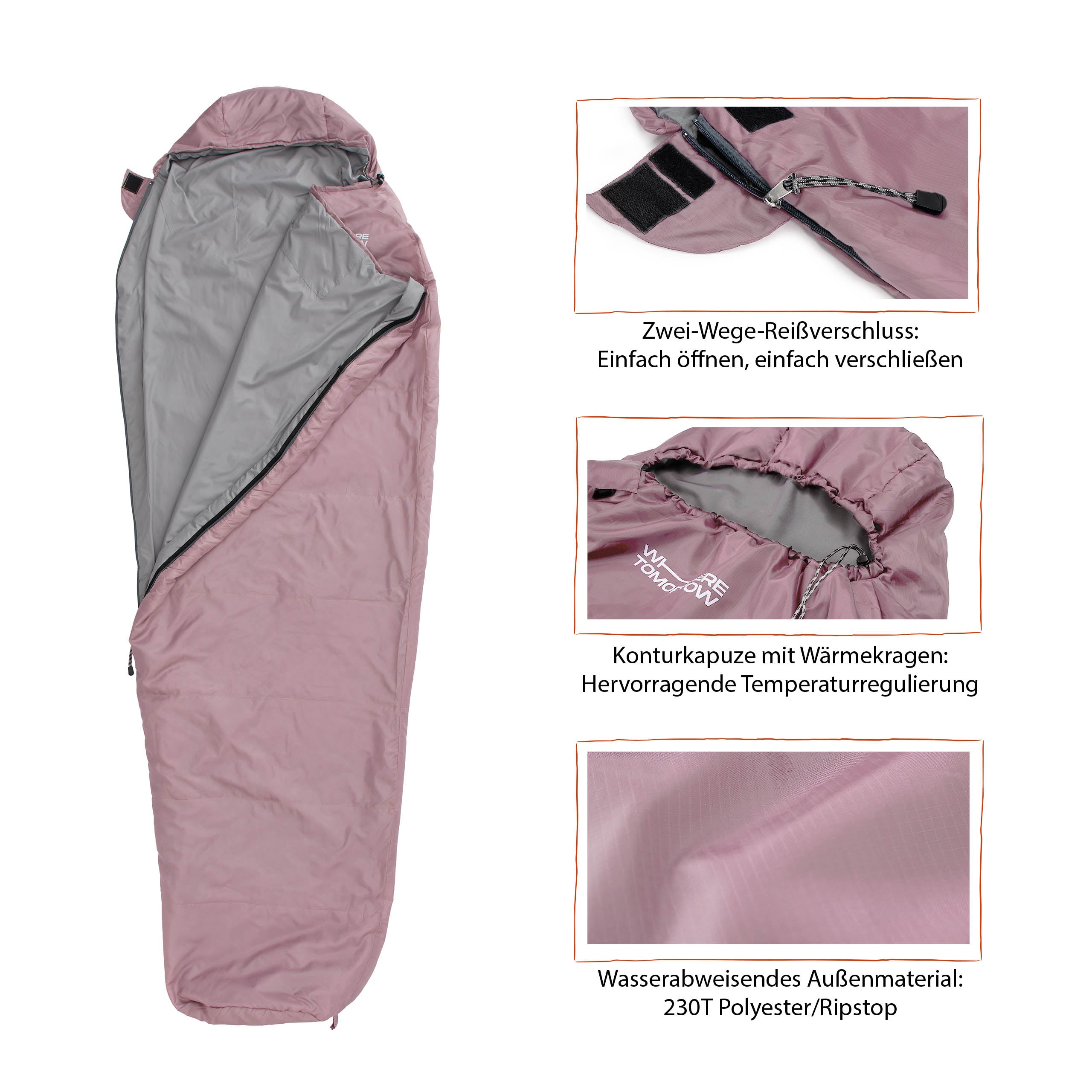 Camping Schlafsack Small & Light Mumienschlafsack Rose mit wasserabweisendem Material, Konturkapuze und Zwei-Wege-Reißverschluss
